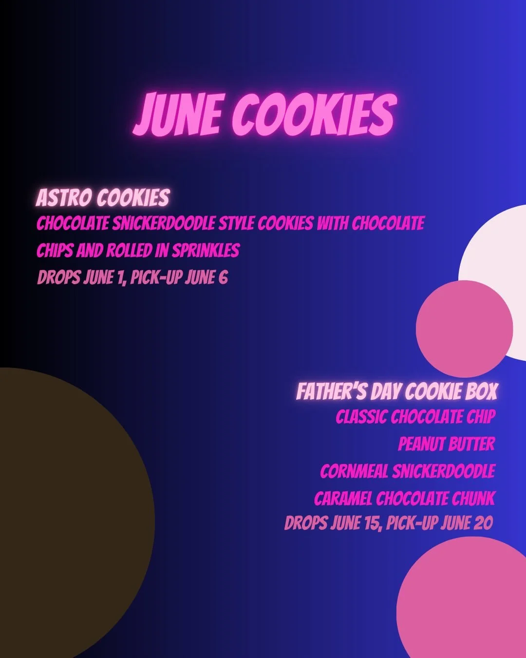 JUNE COOKIES! 💫

I&rsquo;m bringing back the Astro cookies again, ordering is open starting TODAY June 1! These are chocolate cookies with chocolate chips, rolled in rainbow and star sprinkles 🌈 link in bio to order 

Father&rsquo;s Day I&rsquo;ll 