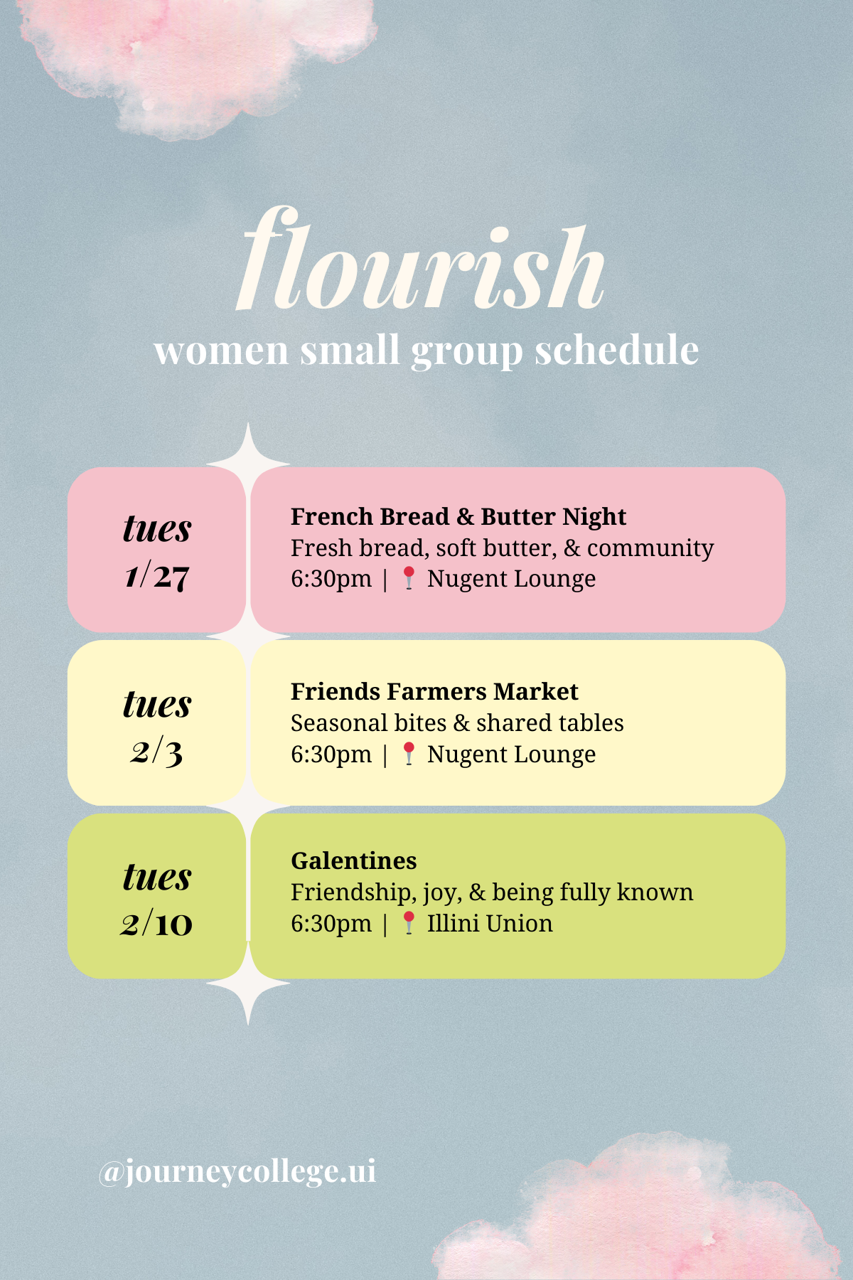 Flourish Girls Small Group events like Bible study, weekly devotional, fun outings, and Galentines for UIUC girls hosted by Journey College Christian Fellowship.