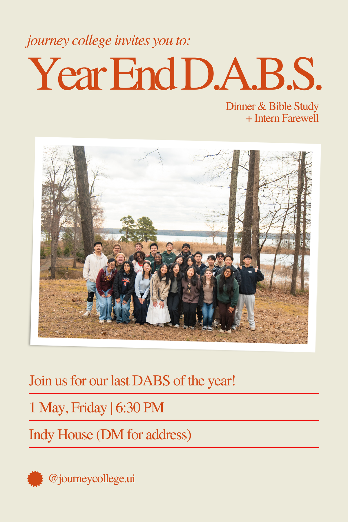 Flyer for Journey College Christian Fellowship - D.A.B.S. Dinner & Bible Study for UIUC students with food, fun, and Bible study. 
