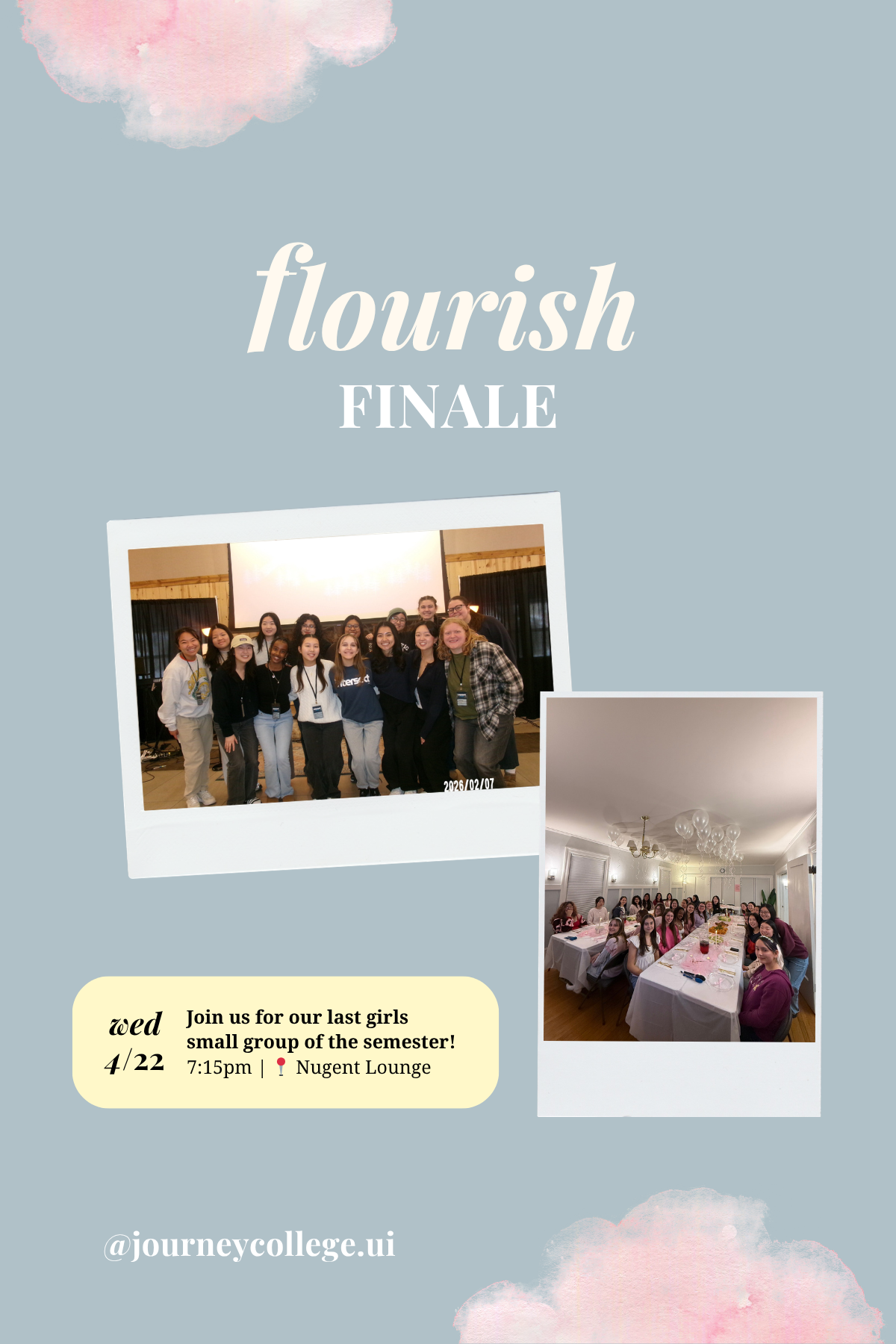 Flourish Girls Small Group events like Bible study, weekly devotional, fun outings, and Galentines for UIUC girls hosted by Journey College Christian Fellowship.