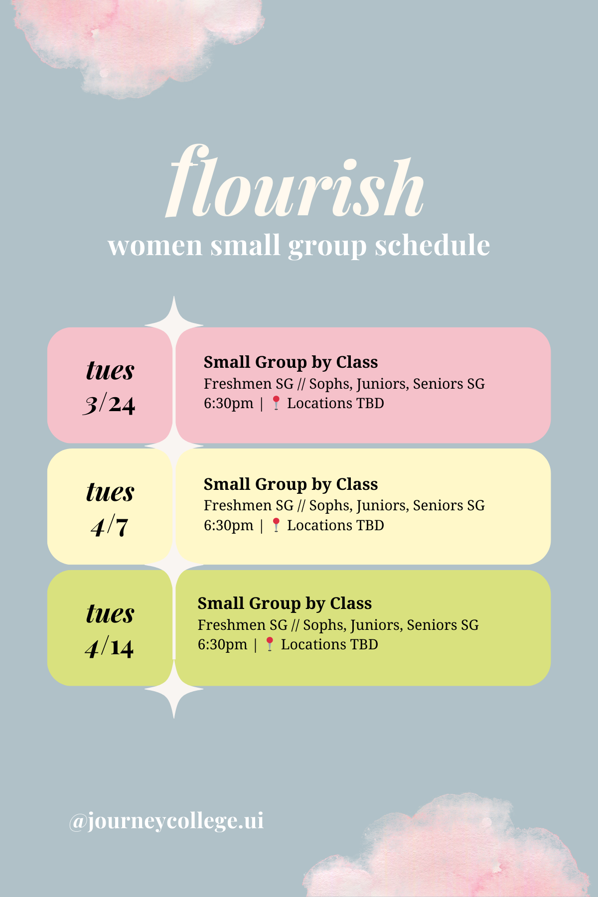 Flourish Girls Small Group events like Bible study, weekly devotional, fun outings, and Galentines for UIUC girls hosted by Journey College Christian Fellowship.