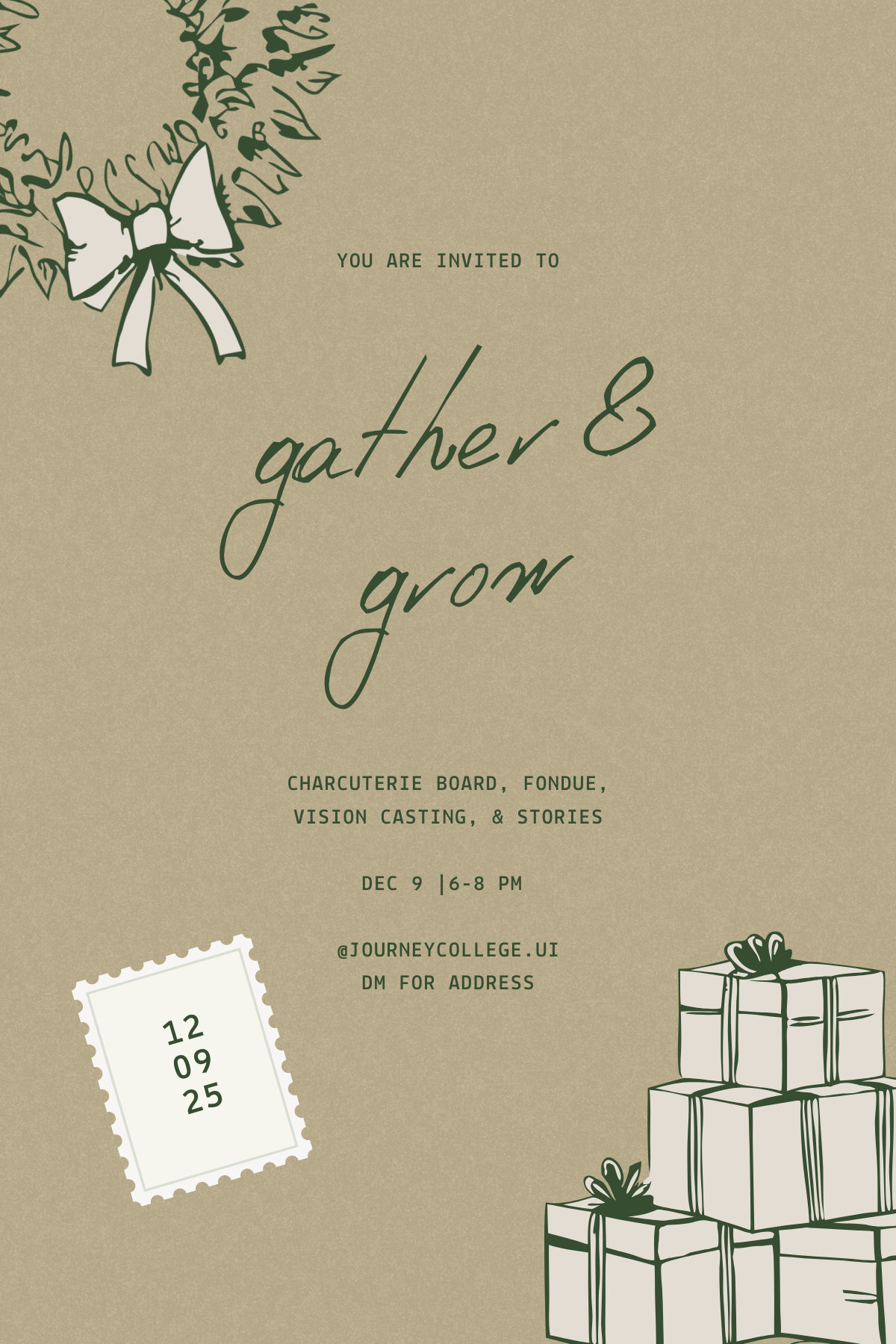 Event invitation that was held on December 9, 2025 at 6 PM hosted by Journey College Christian Fellowship for UIUC girls - including fun, food, testimonies on faith, arts and crafts.