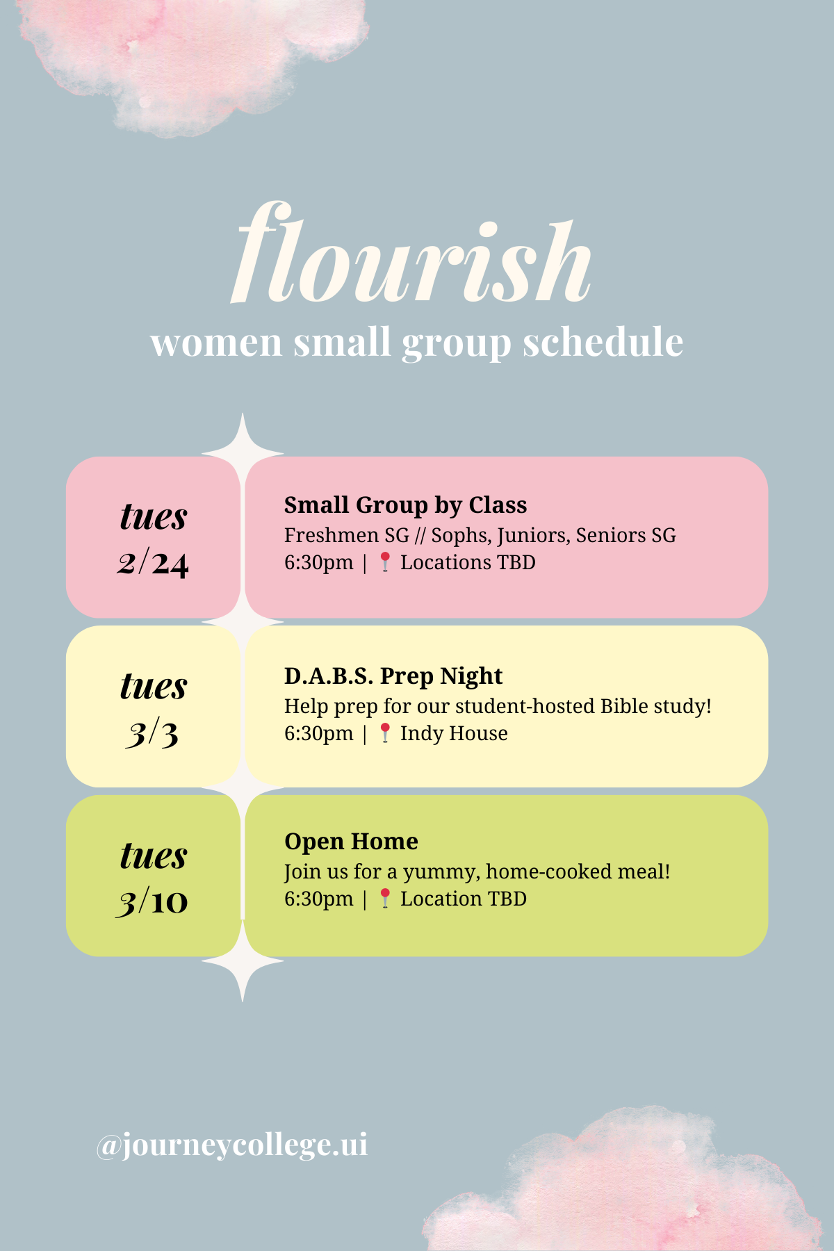 Flourish Girls Small Group events like Bible study, weekly devotional, fun outings, and Galentines for UIUC girls hosted by Journey College Christian Fellowship.