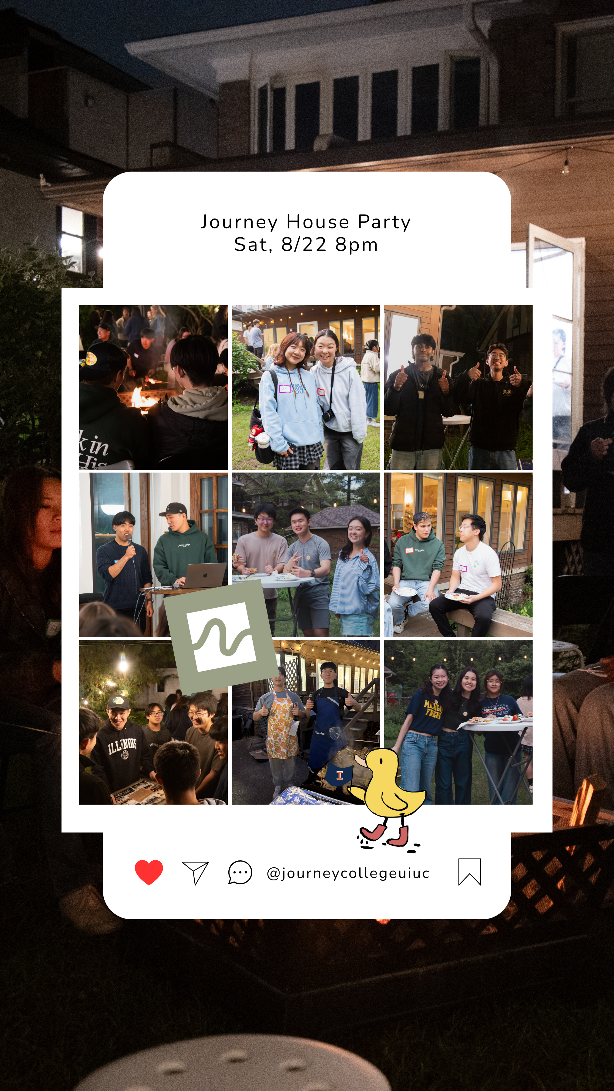An invitation to join Journey House Party on Saturday August 22 at 8pm.