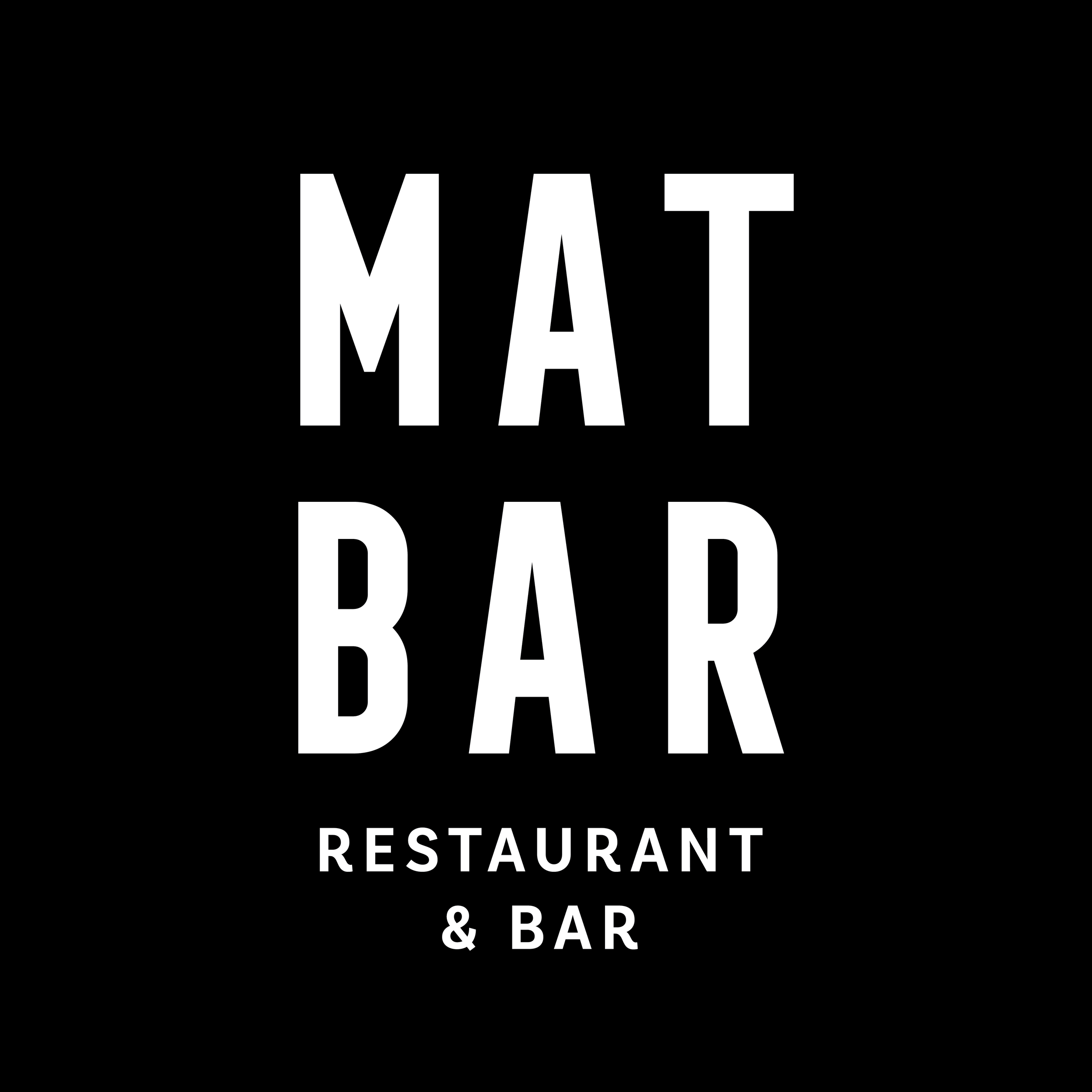 Black background with white text reading 'MAT BAR RESTAURANT & BAR' in a minimalist font, representing a restaurant logo.