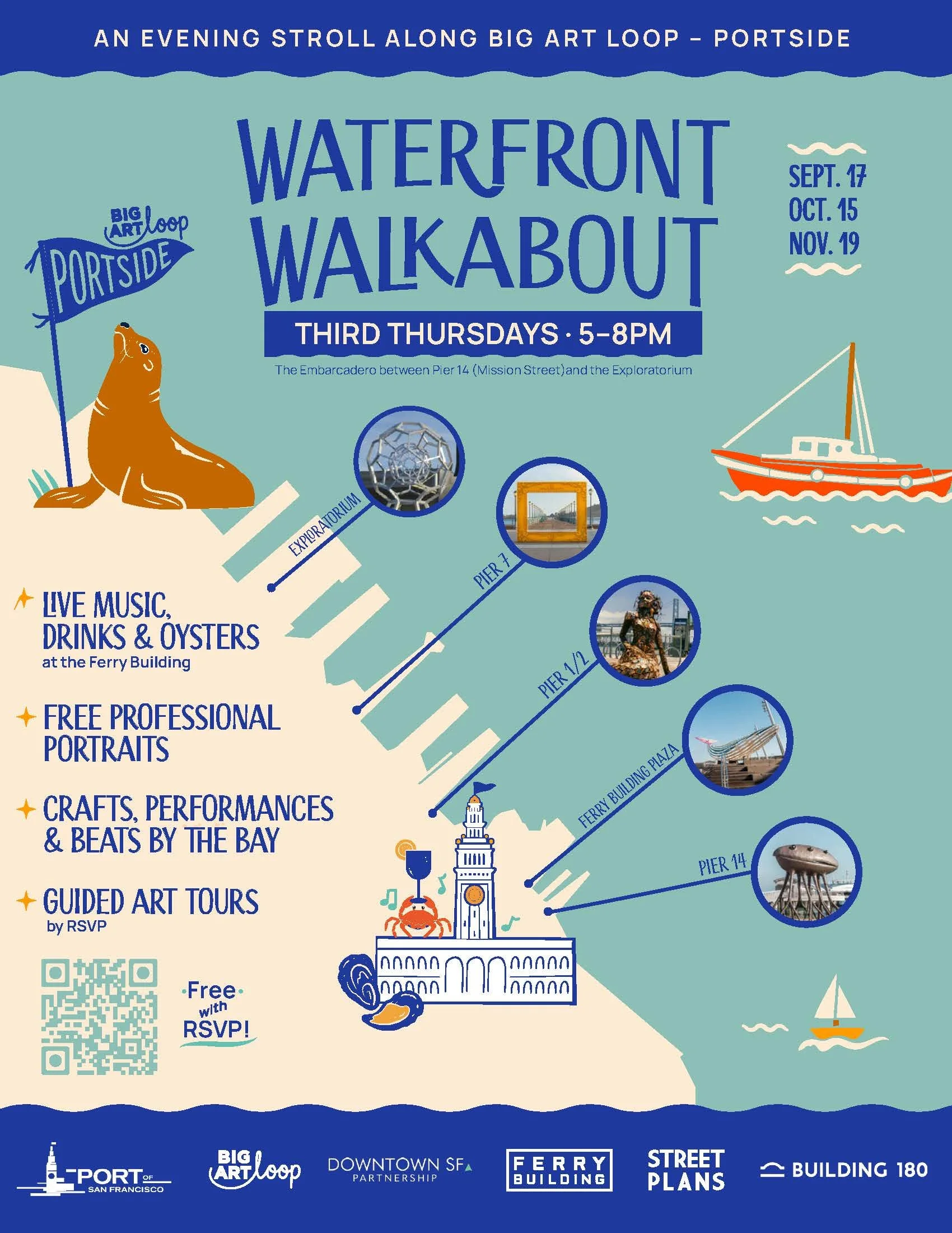 Map of San Francisco waterfront area with walking tour details, scheduled dates, and icons representing attractions like the Exploratorium, Pier 7, Pier 12, Pier 14, the ferry building, and statues. Includes event info, live music, art tours, crafts, and a QR code for RSVP.