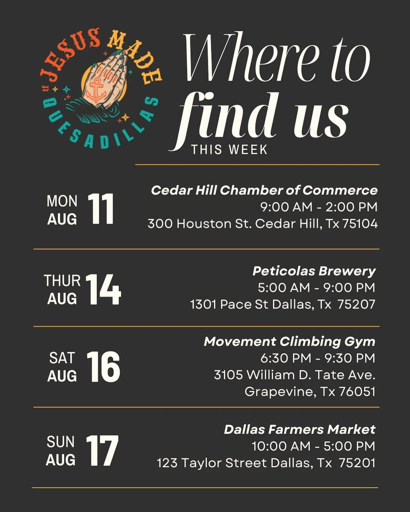 kicking the week off at our usual spot in Cedar Hill @cedarhillchamber. Thursday you can find us at @peticolas brewery 🍻Saturday in Grapevine @movementgymsdfw and Sunday @dallasfarmersmarket 👨&zwj;🌾