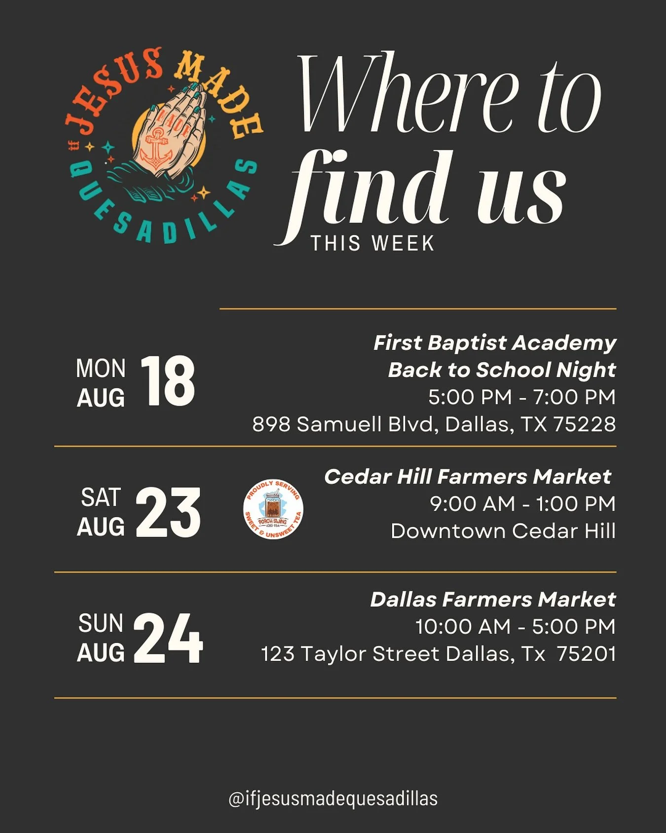 Tomorrow we will not be set up at the Cedar Hill Chamber. We'll be using the morning to prep the freshest ingredients for an event at @firstbaptistacademy.

Then we are taking a few days to work on some v exciting things 🧡 Hint: stay tuned for our t