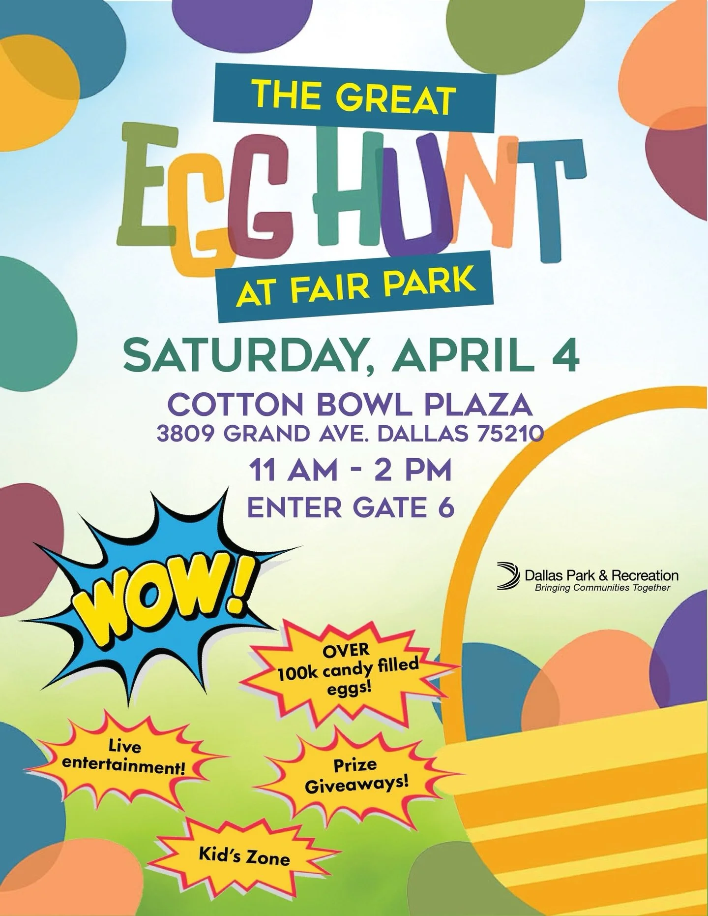 Come to the Easter egg hunt at @fairparkdallas tomorrow, Saturday 4/4/26 11AM-2PM. @ifjesusmade quesadillas food truck will be there along with over 100,000 eggs, a kid's zone, live entertainment and prize giveaways! Free Parking at Gate 6. Rain or S