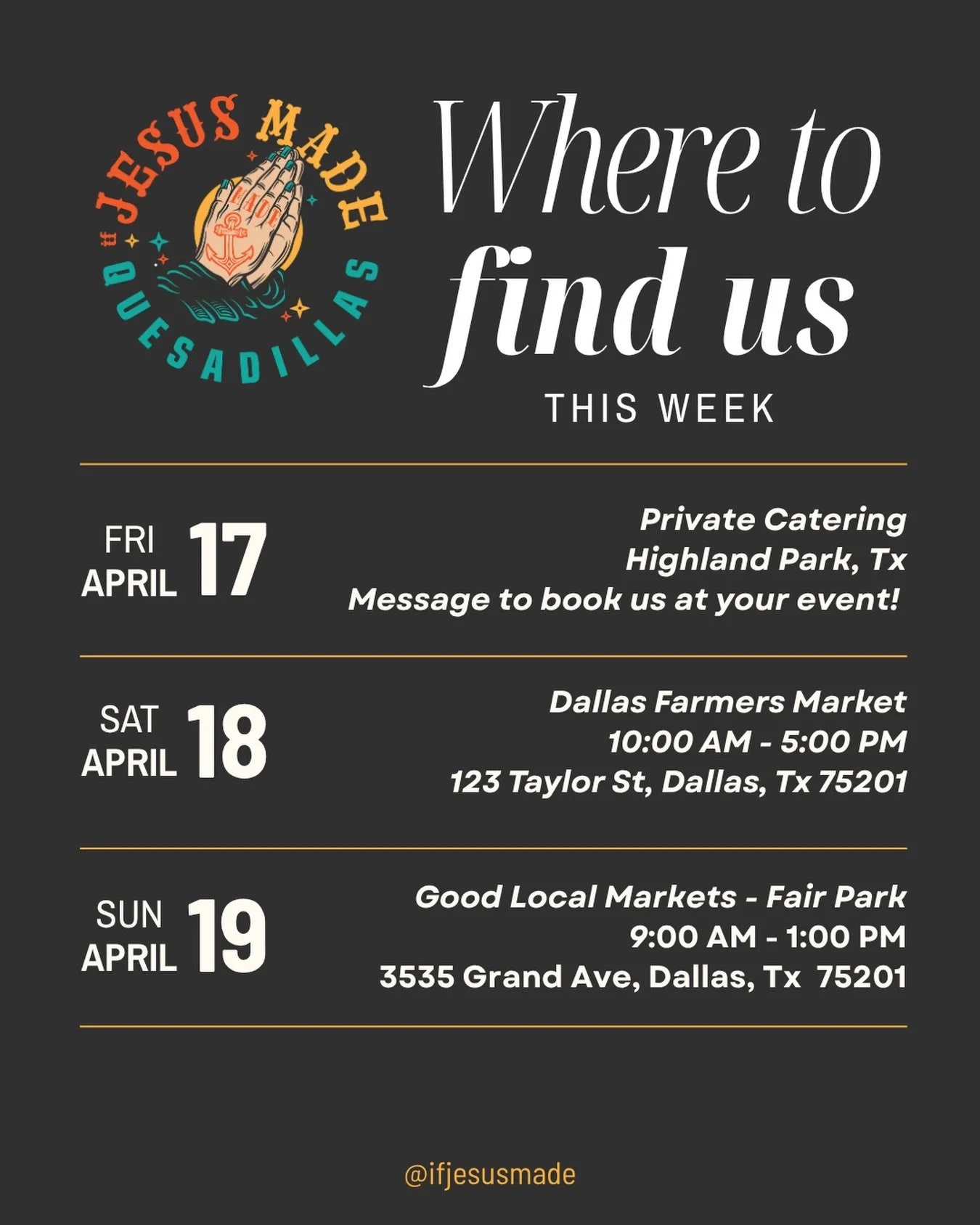 Y'all come grab a bite from us this weekend! 🧡

&bull; Friday we'll be feeding 70 architects lunch at a private catering in Highland Park. Send us a message to book us at your event! 

&bull; Saturday come celebrate Earth Day with us at the @dallasf