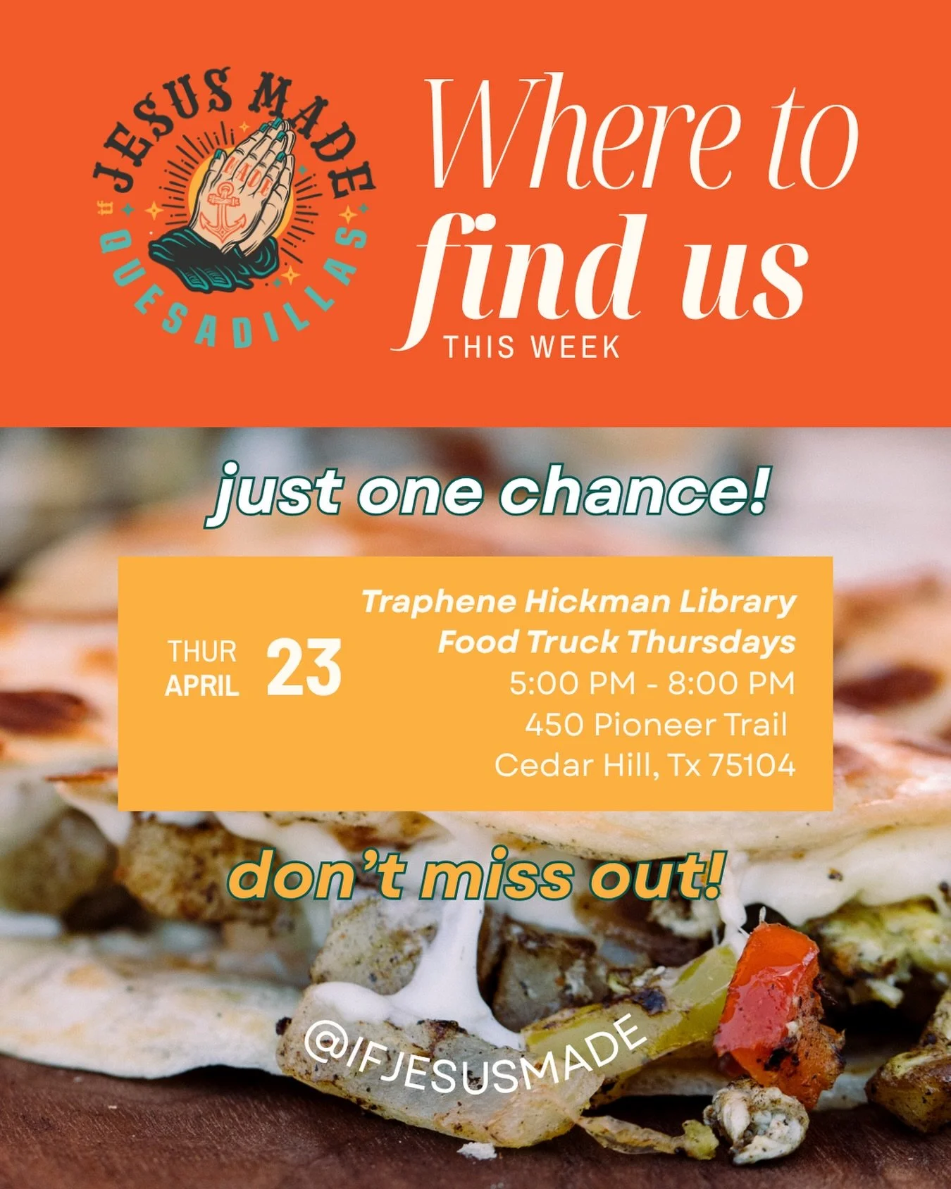 THIS THURSDAY WE ARE FINALLY BACK IN CEDAR HILL at the @traphenehickmanlibrary for Food Truck Thursdays! See y'all there! 🧡