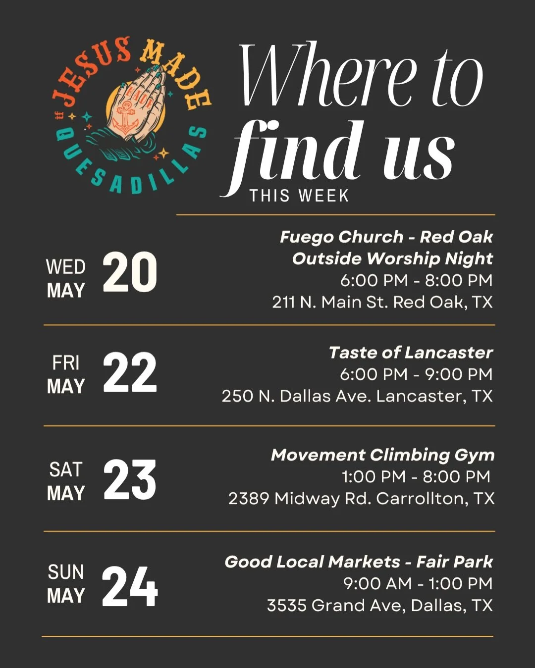 We have a fun-filled week planned y'all! 🙌🏼🧡🧗&zwj;♀️🌽

Kicking it off Wednesday at @fuego.church Worship Night where The Chosen bowls will be provided to the first 200 attendees 🙌🏼🧡👏🏼

Friday we'll finally be in the beloved @downtownlancast