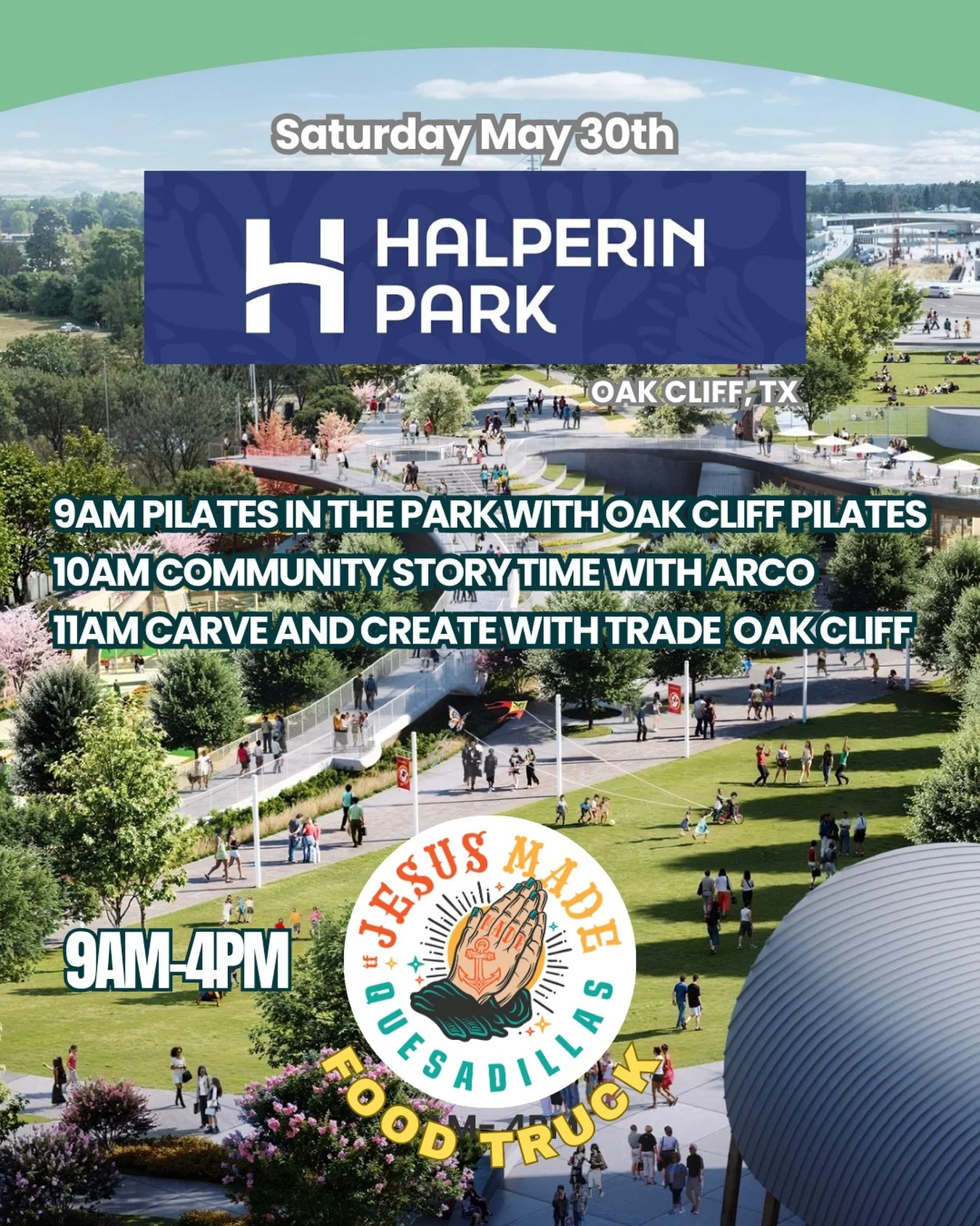 Saturday we'll be at @halperinpark 9AM-4PM 🌳🛣️🛝

Come for pilates, stay for an In The Beginning breakfast quesadilla 🧘🏻&zwj;♀️🍳

Bring the kids for story time and enjoy a Jesus Loves Me cheese quesadilla 📚🧀

Come craft then have a King James 