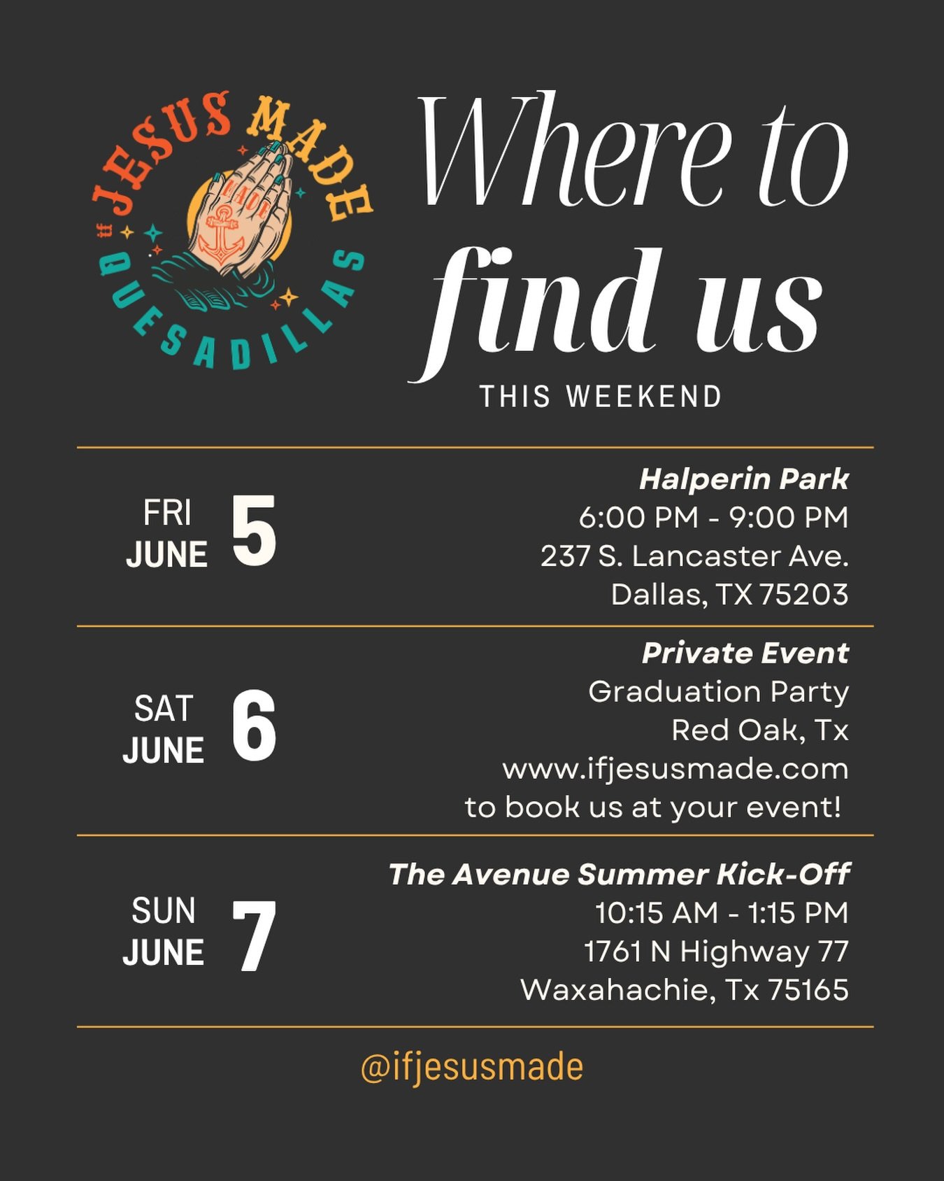 Where to find us THIS WEEKEND
&bull; Friday we are back at @halperinpark with @goodlocalmarkets Friday Night market. 🌳⛲️💛 Subscribe to their newsletter for a full list of vendors  participating! 

&bull; Private event on Saturday. 🎓🎉Head to www.i