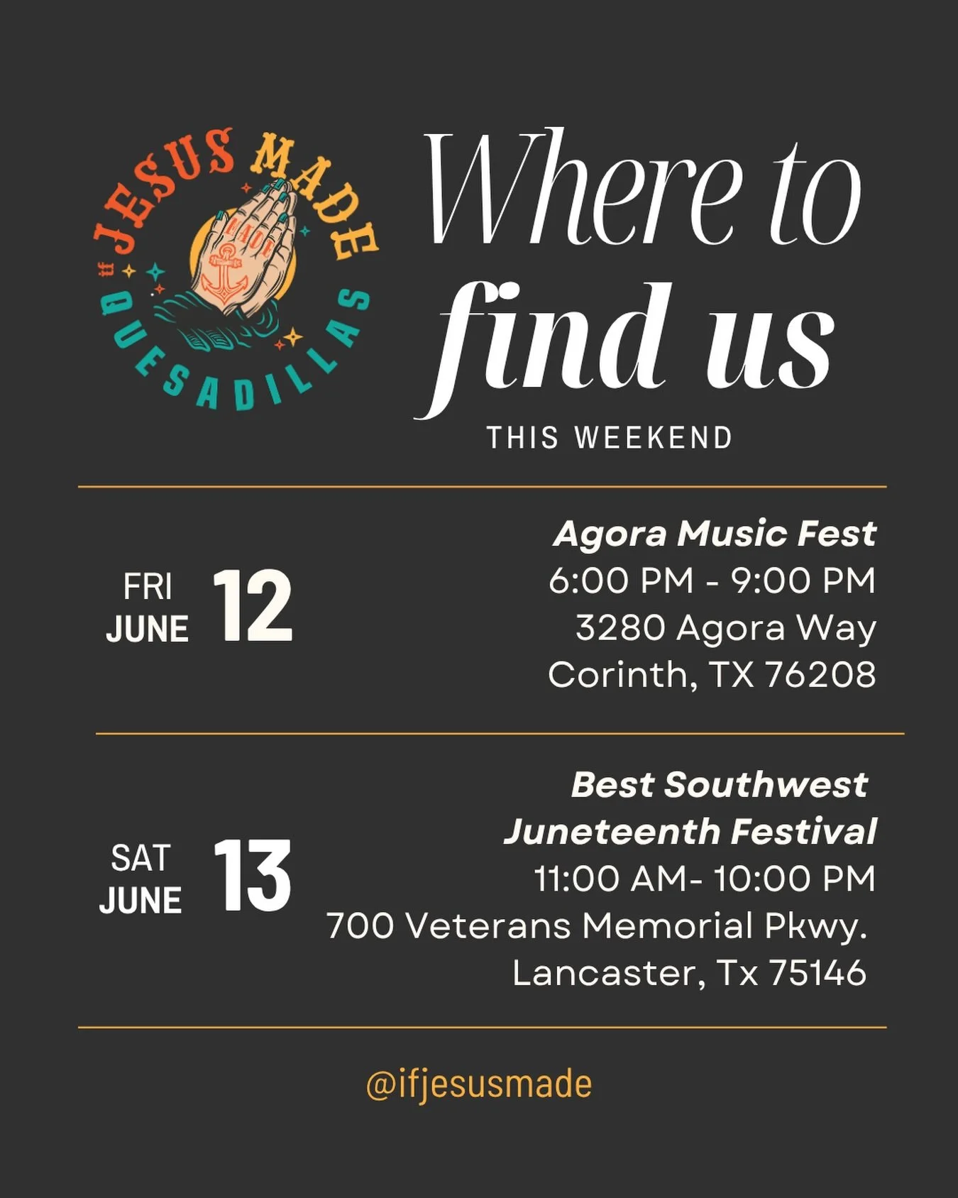 Friday we are headed north to Corinth for Agora Music Fest featuring Buffet Beach - A Jimmy Buffet Tribute Band 🏖️☀️

Saturday we are back south for Best Southwest's Juneteenth Celebration in Lancaster featuring Lacrae and many more! 🙌🏼❤️

See y'a