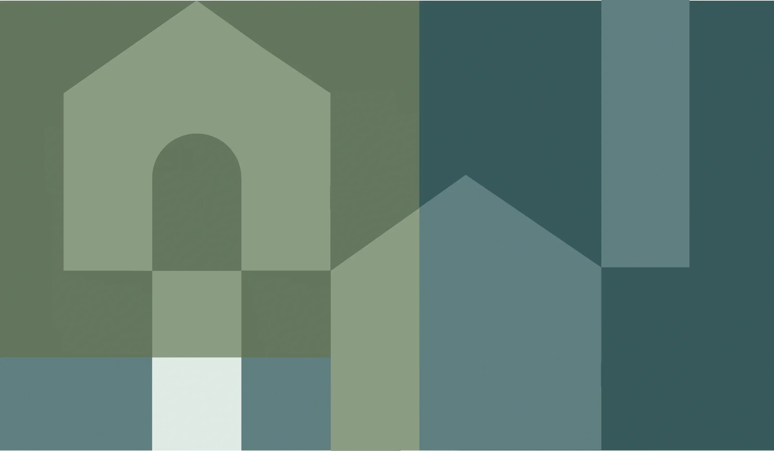 Abstract geometric design with overlapping house shapes in shades of green and blue.