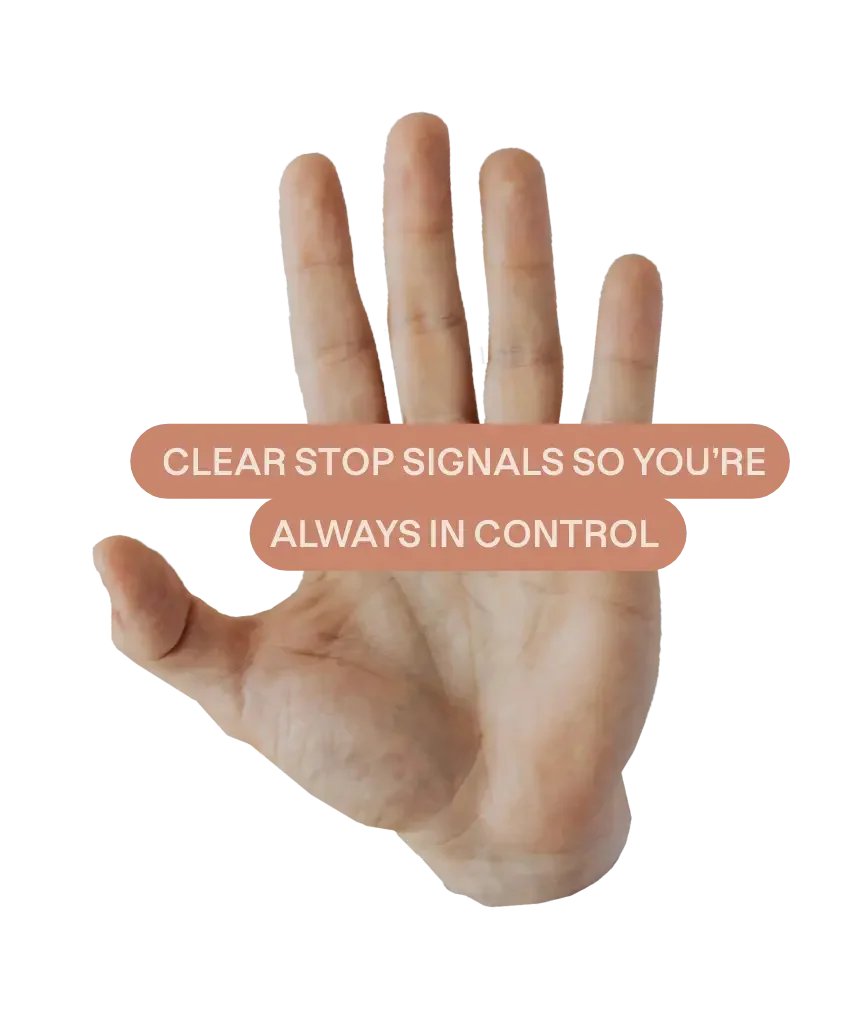 A hand with fingers extended, showing a clear stop signal with a message overlay that says 'Clear stop signals so you're always in control'