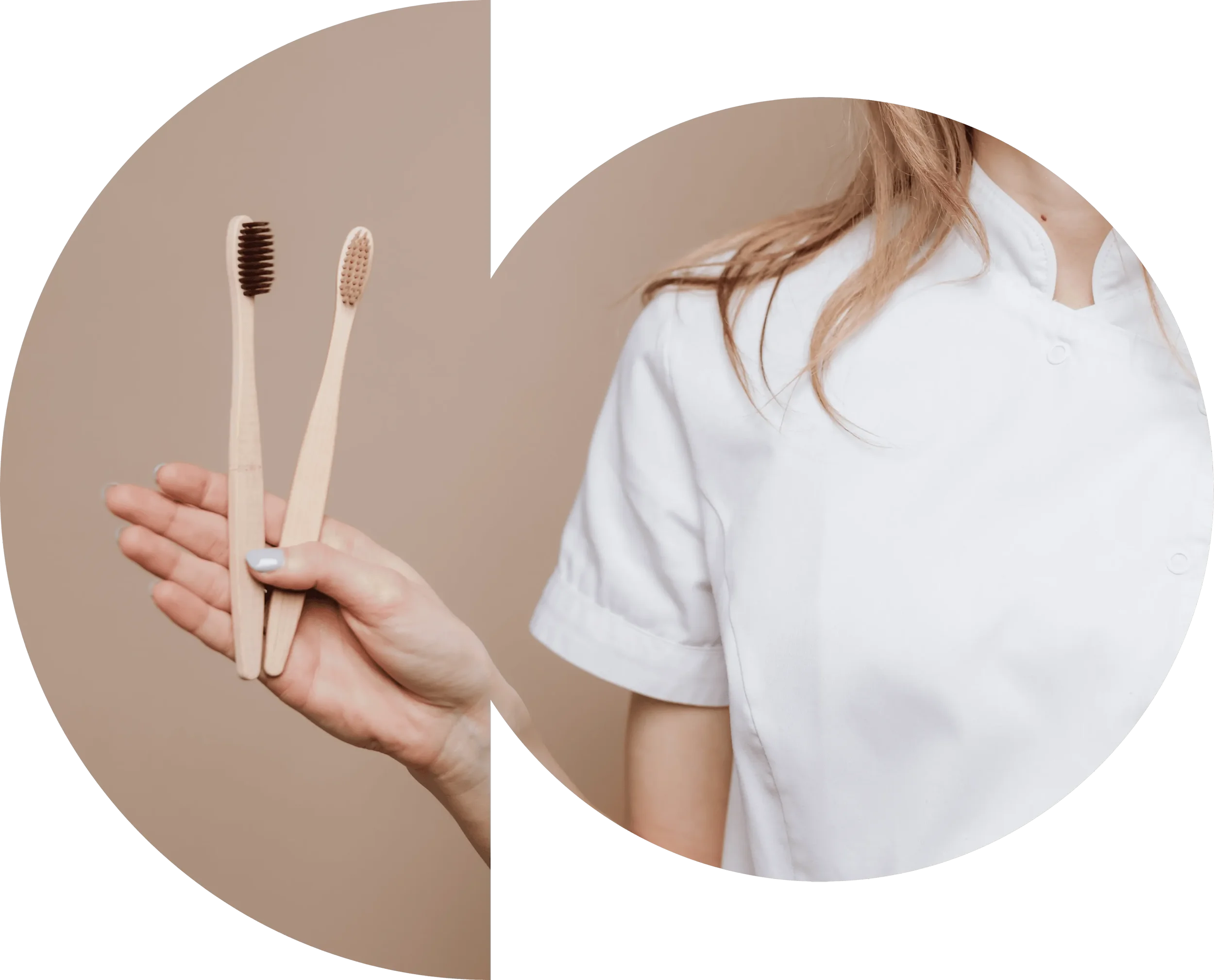 A person dressed in a white medical uniform holding two bamboo toothbrushes against a beige background.
