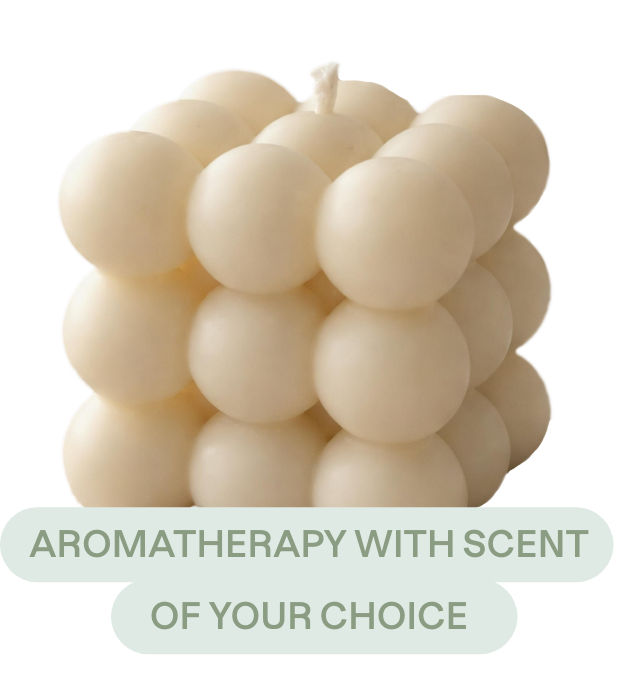 A white bubble candle with the text overlay 'Aromatherapy with scent of your choice'.