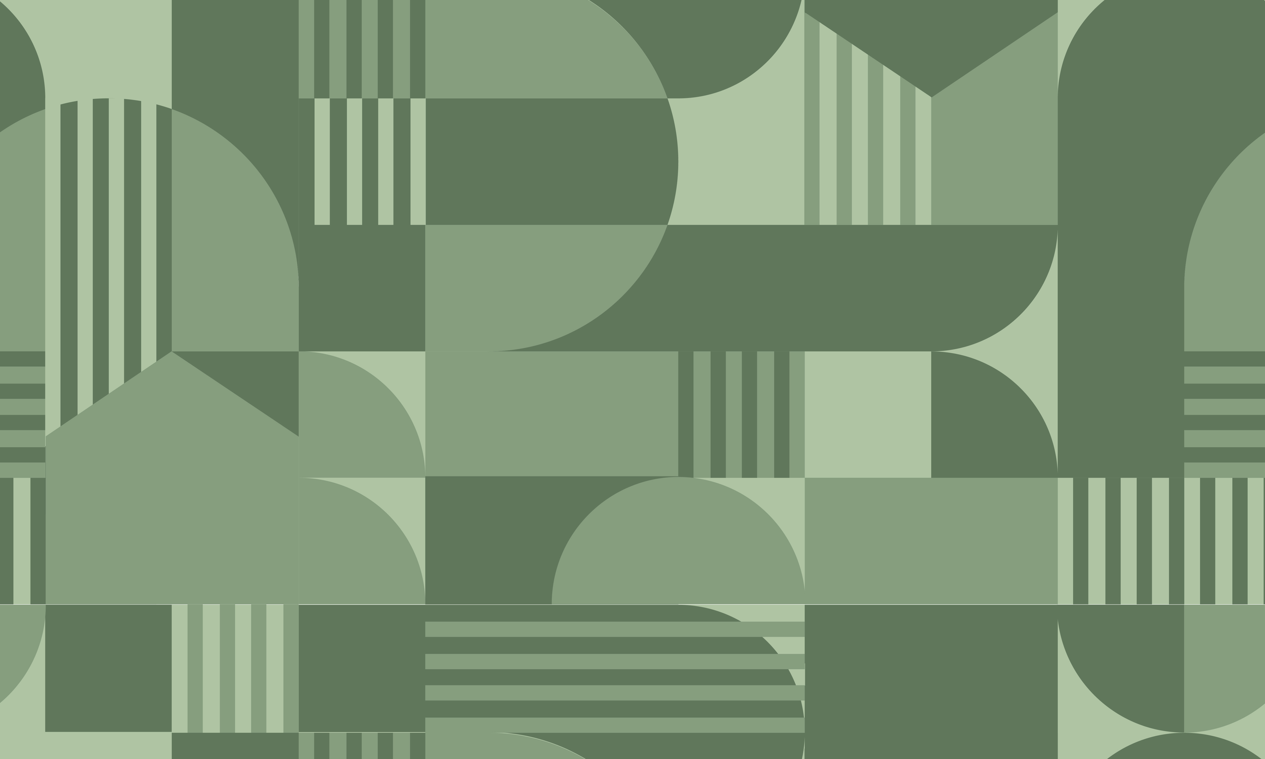 Abstract geometric pattern with various shades of green, including circles, squares, and striped shapes.