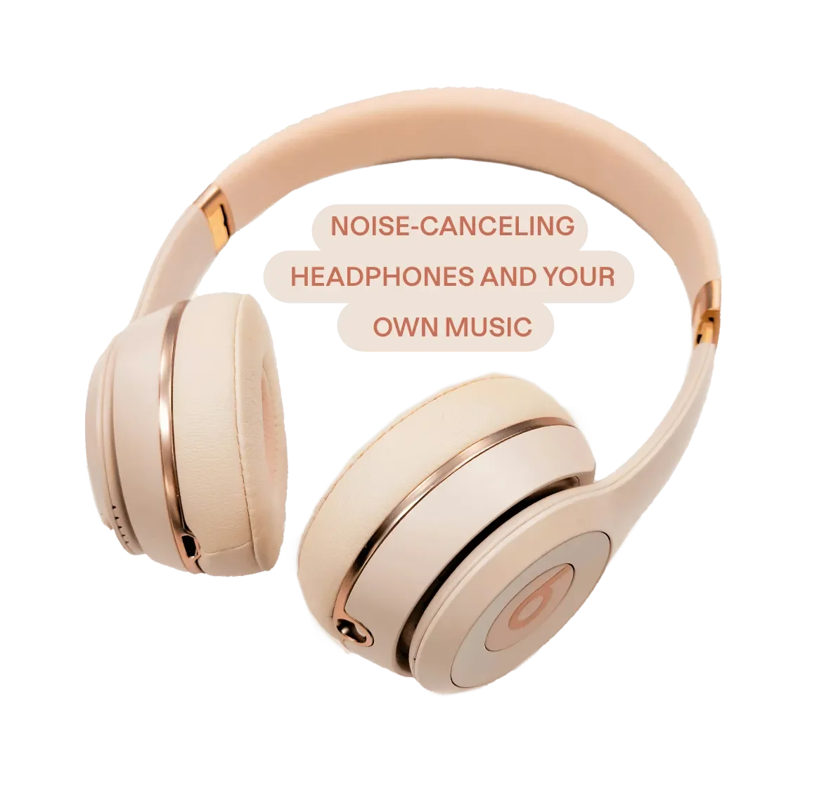 Rose gold colored noise-canceling headphones with cushioned ear cups, advertise for noise cancellation and personal music experience.
