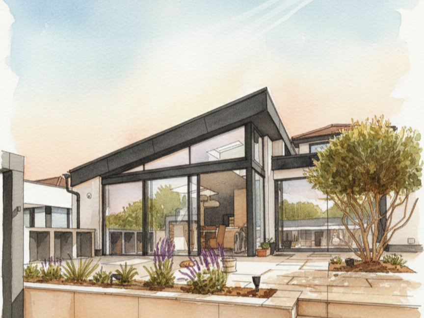 Watercolor illustration of a modern house with large glass windows, a patio, and a landscaped garden with a tree and plants.