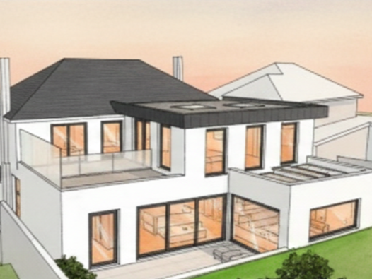 Illustration of a modern, multi-story house with large windows and a rooftop terrace, set against a light sky background.