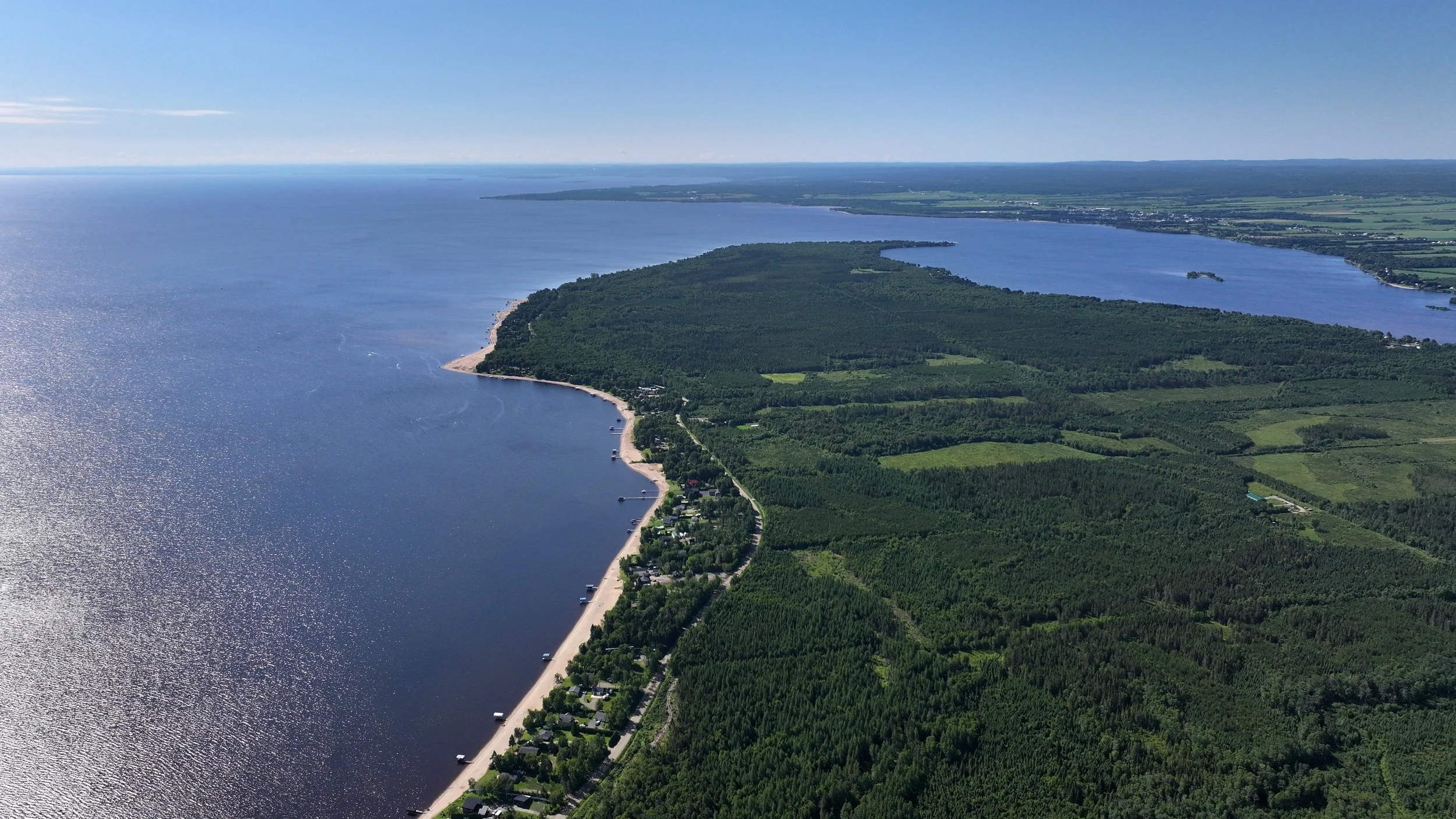 Vue aérienne d'une zone côtière avec une forêt dense, une plage, un petit village, et un lac ou une rivière.
