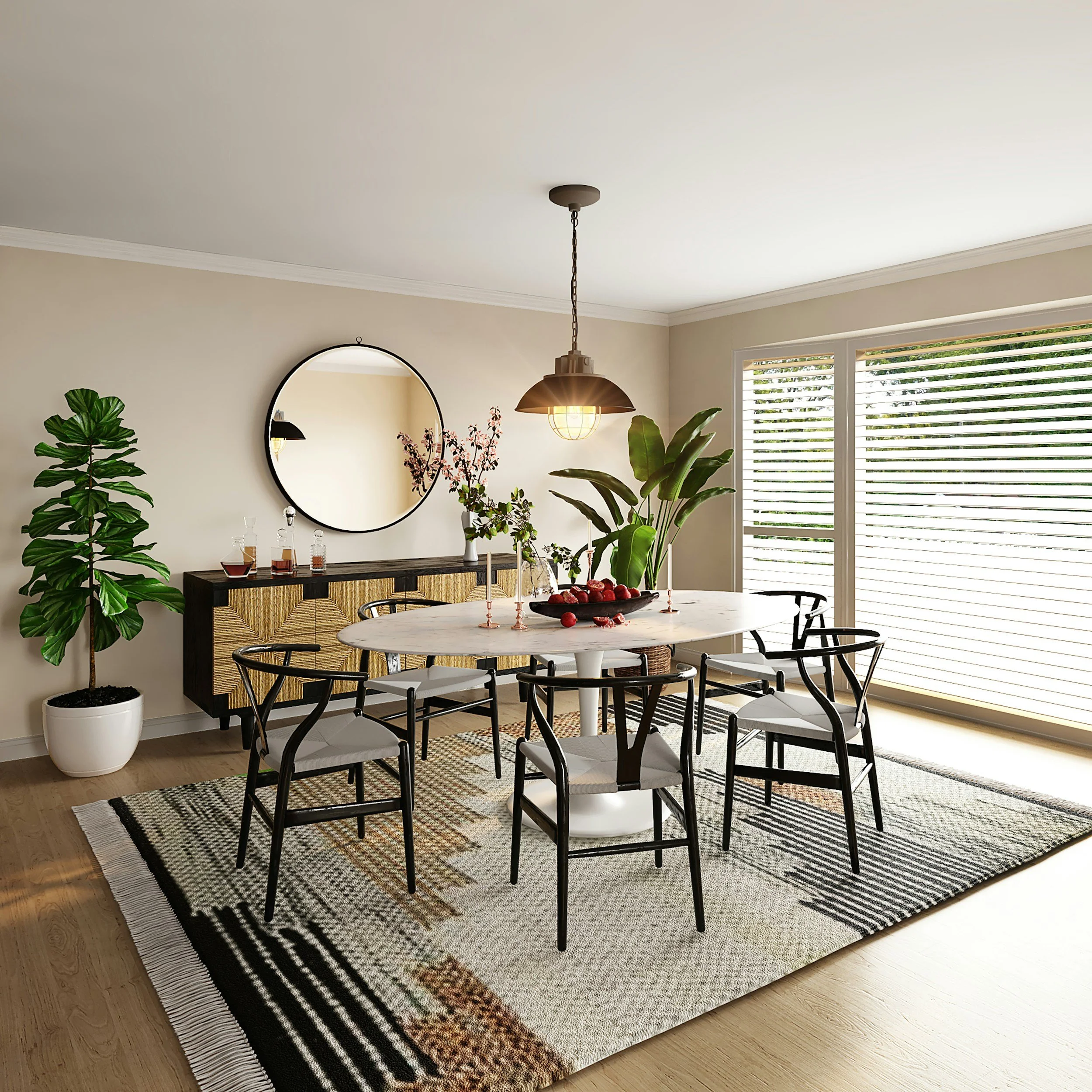 Modern dining room with a round marble table, six black and white chairs, a wood sideboard, a large mirror, potted plants, a geometric area rug, and a window with blinds.