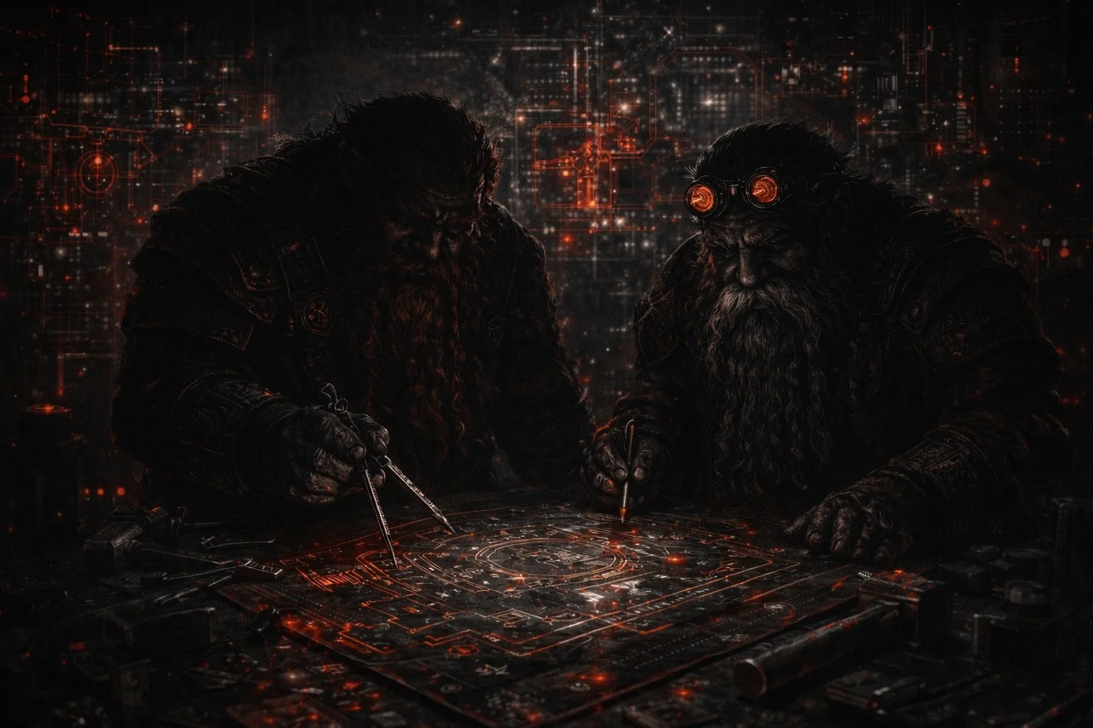 Two bearded men in dark clothing with goggles and gloves are analyzing a glowing high-tech map or blueprint on a table in a dark, futuristic setting with red digital and technological graphics in the background.