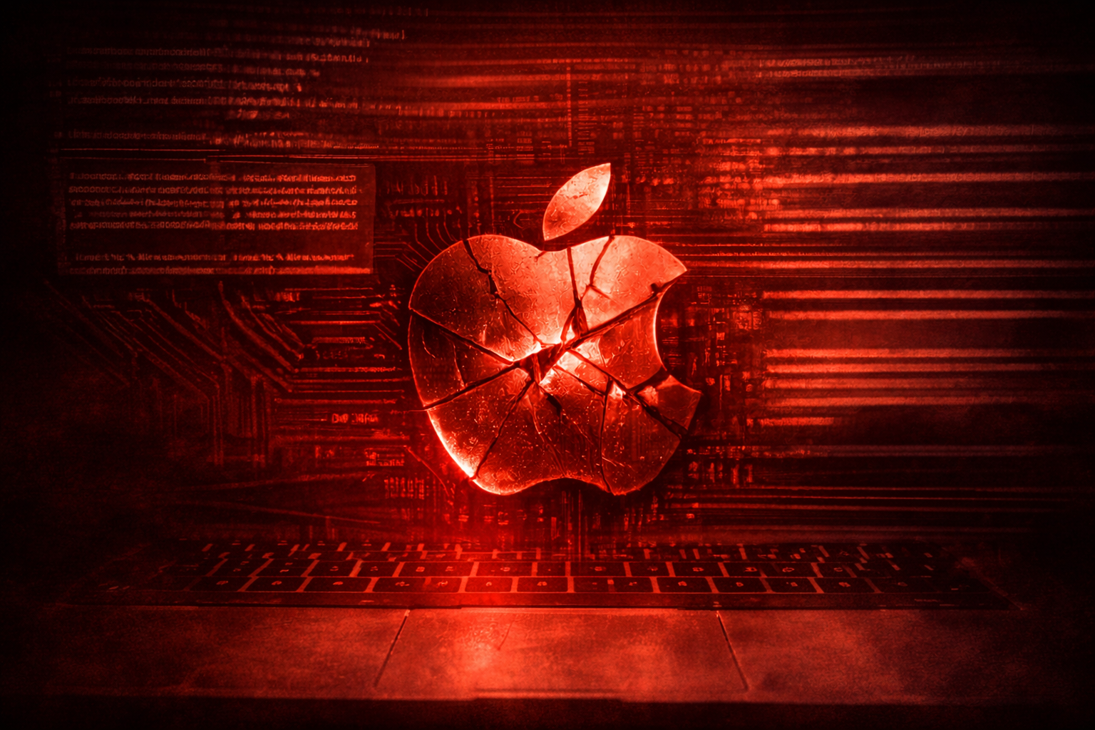 A glowing, cracked Apple logo displays on a computer screen, with digital red lines and circuitry patterns in the background, creating a futuristic, cyber-security themed visual.