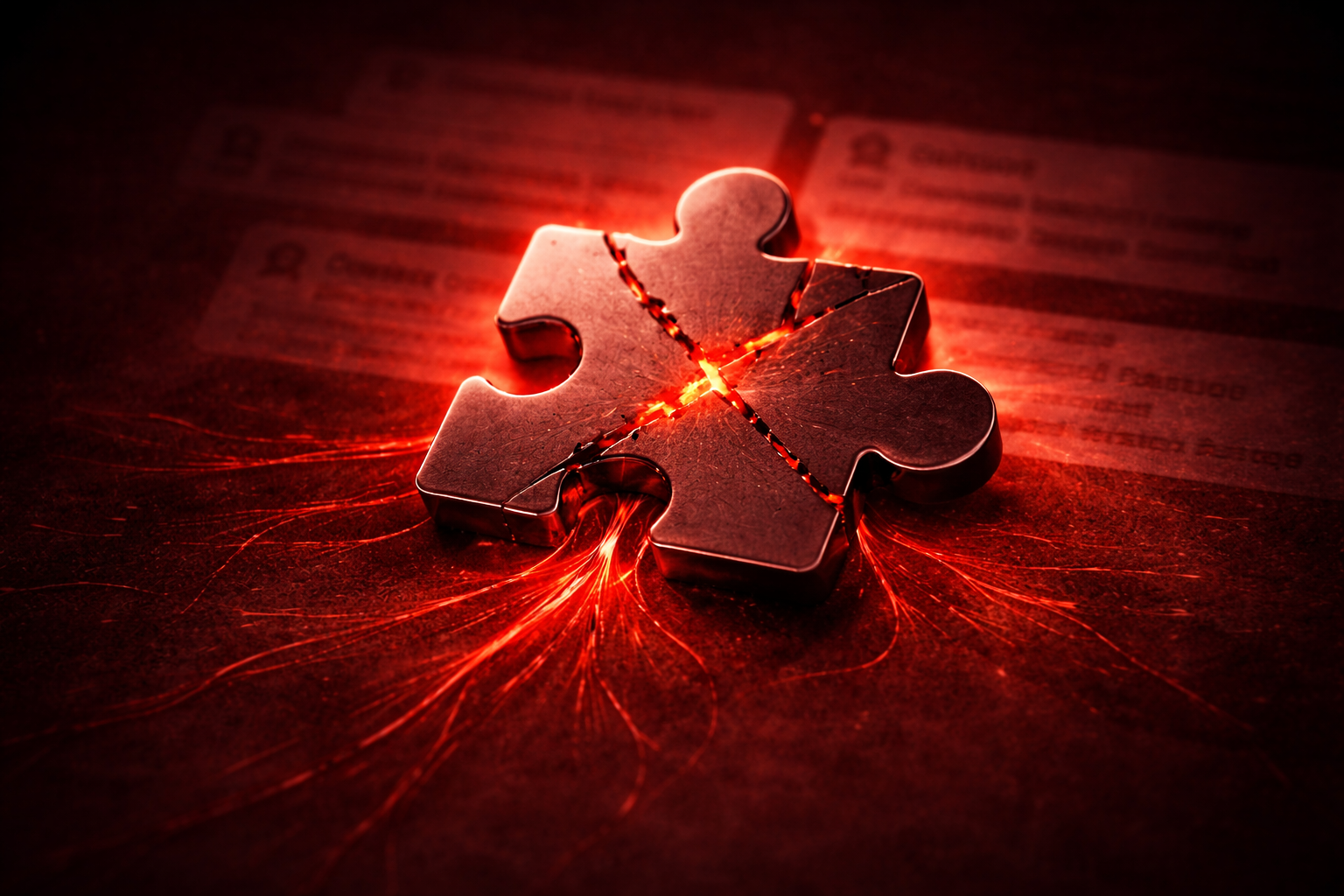 A metallic puzzle piece illuminated by red light and sparks.