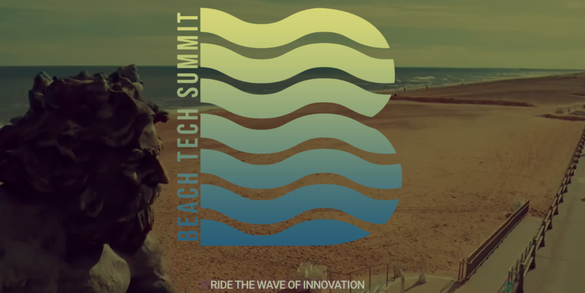 Logo overlay with wavy lines and the text 'BEACH TECH SUMMIT' and 'RIDE THE WAVE OF INNOVATION' on a beach scene with sand, ocean, and a coastal walkway.