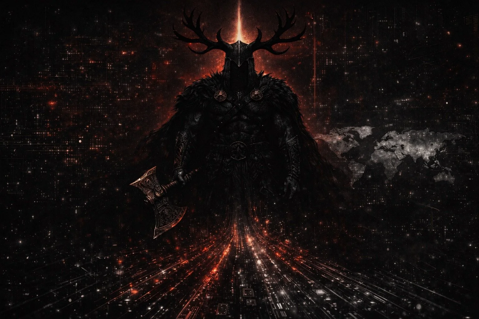 A dark, futuristic depiction of a figure wearing a Viking-style helmet with large antlers, wielding an axe, set against a cosmic background with stars, digital effects, and a world map.