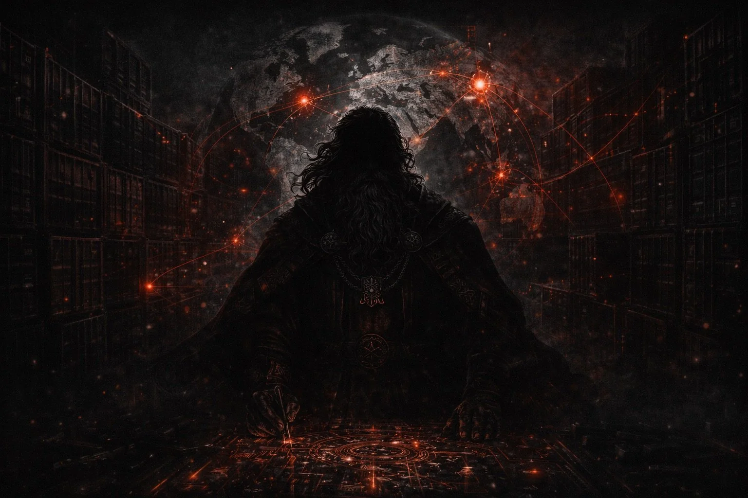 A dark, futuristic scene with a silhouette of a person with long hair, sitting with their hands on a digital interface, surrounded by glowing red lights and digital lines, with a world map in the background.