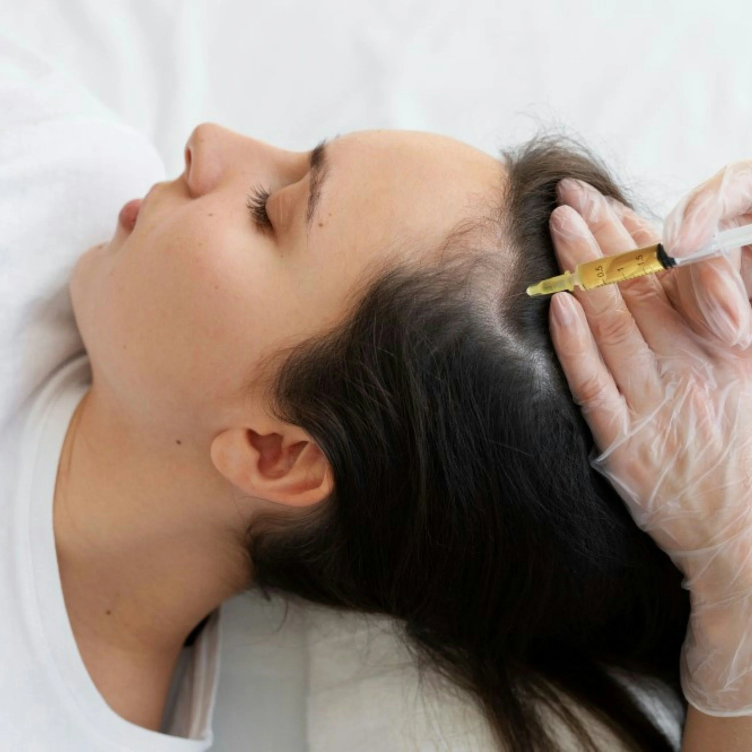 A woman receiving a scalp injection from a healthcare professional wearing gloves.