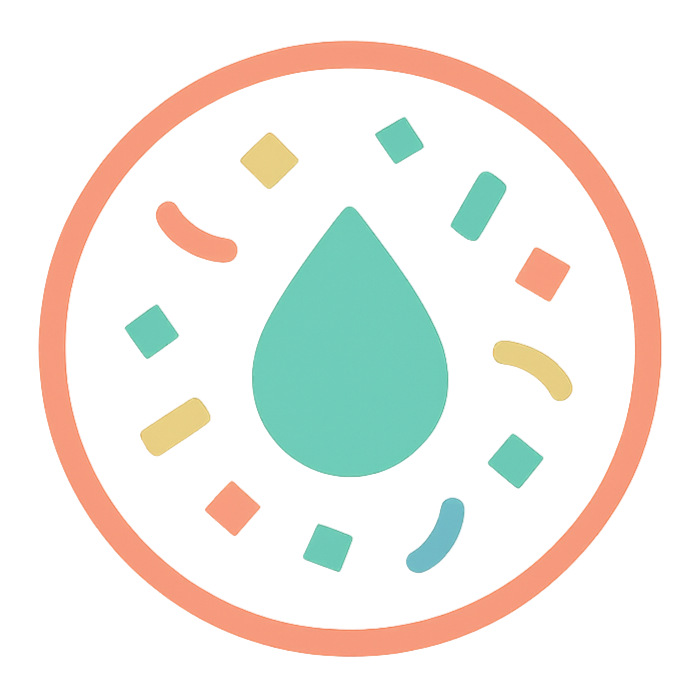 A circular icon with a water droplet in the center, surrounded by small colorful tablets or pills, representing hydration or medicine.