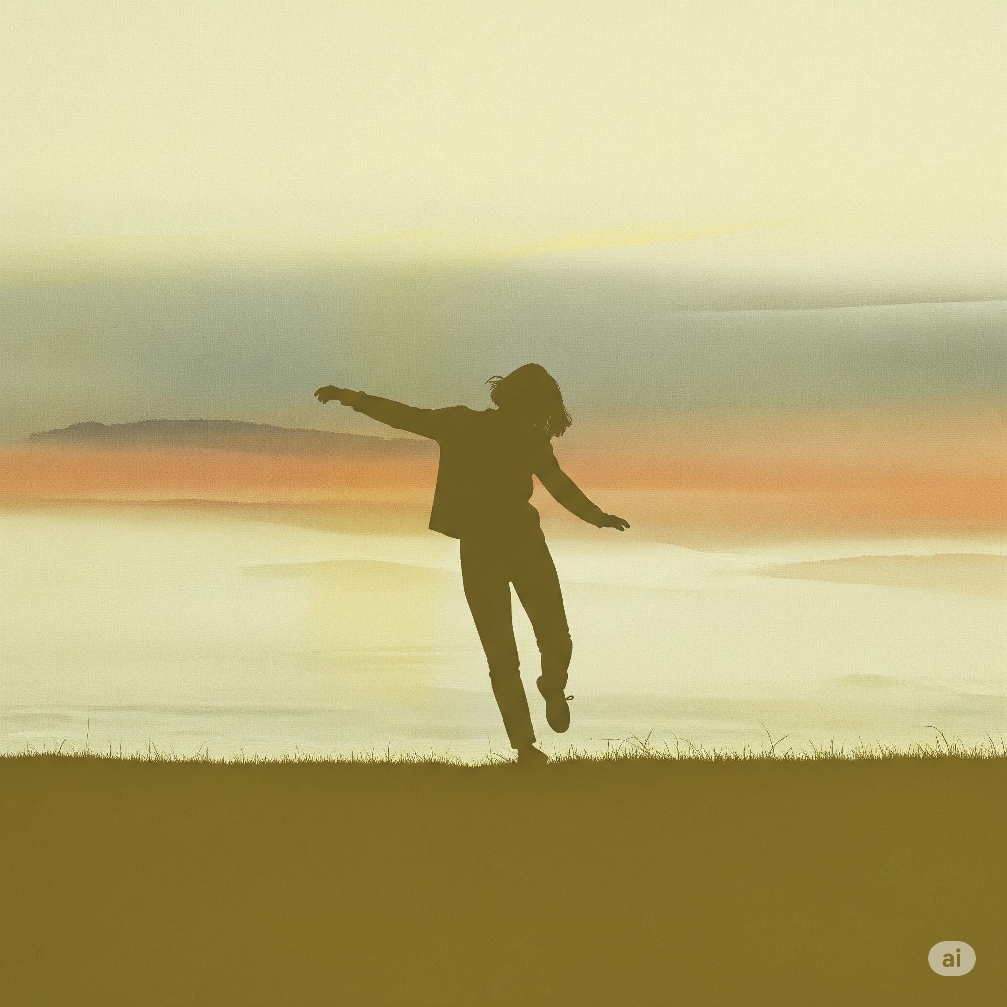 Silhouette of a person dancing outdoors at sunset with arms out and one leg lifted, against a colorful sky with clouds.