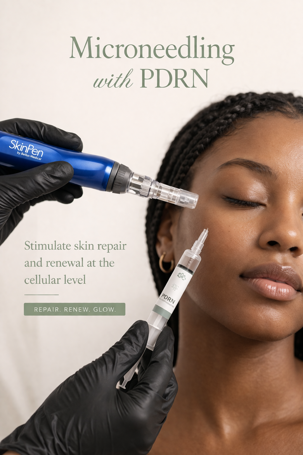 A woman receiving microneedling treatment on her face from a professional wearing black gloves, with a product labeled PDRN in hand, alongside another device in use.