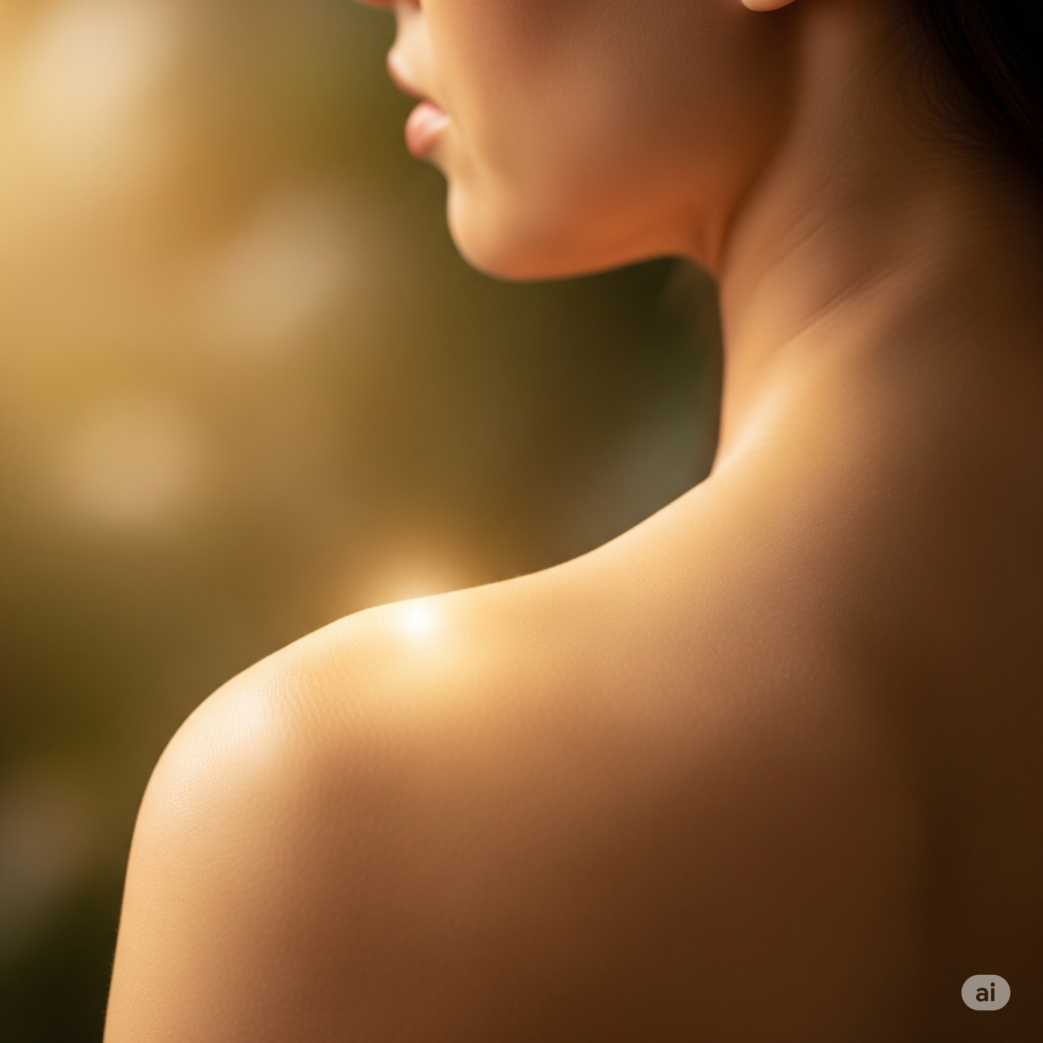 Close-up of a woman's shoulder and lips, with blurred background.