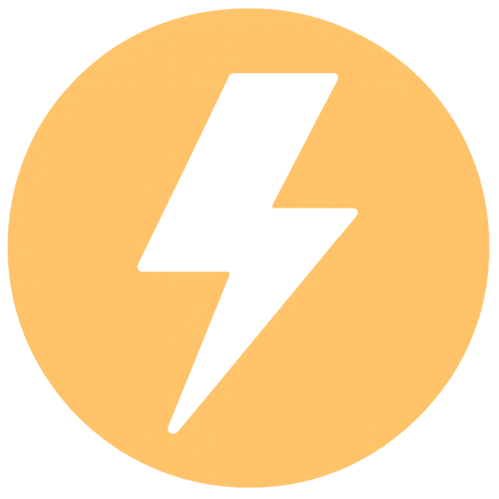 A yellow circular background with a black lightning bolt symbol in the center.