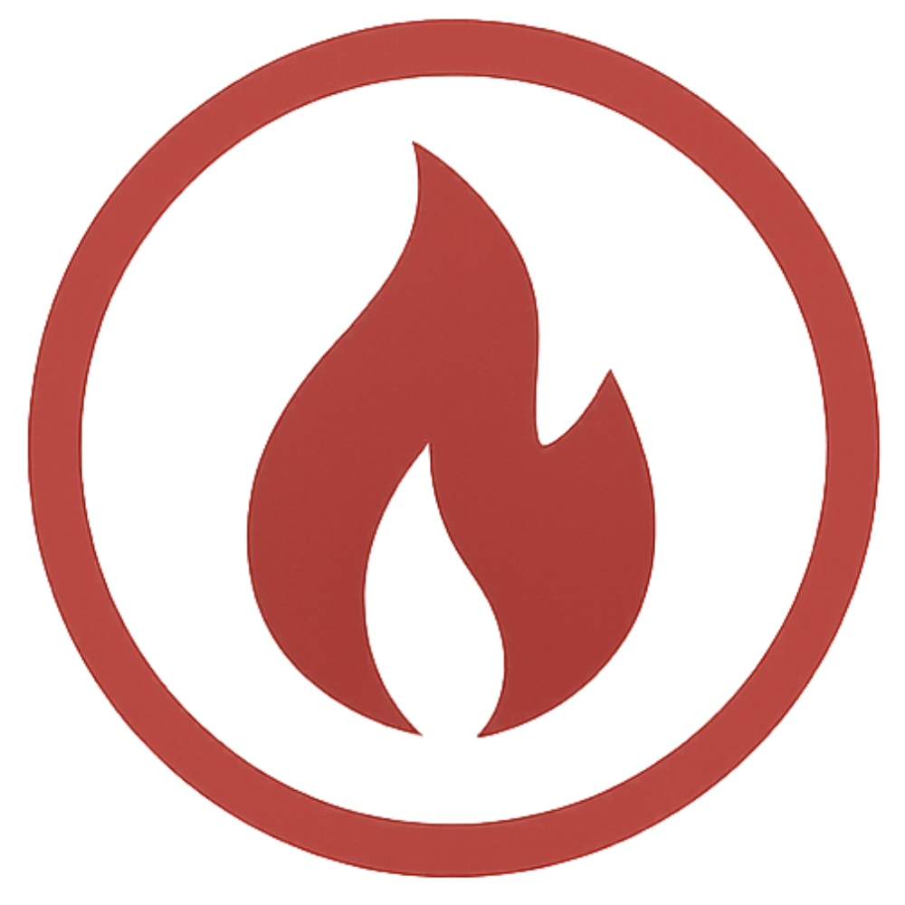 Red circular icon with a flame symbol inside.