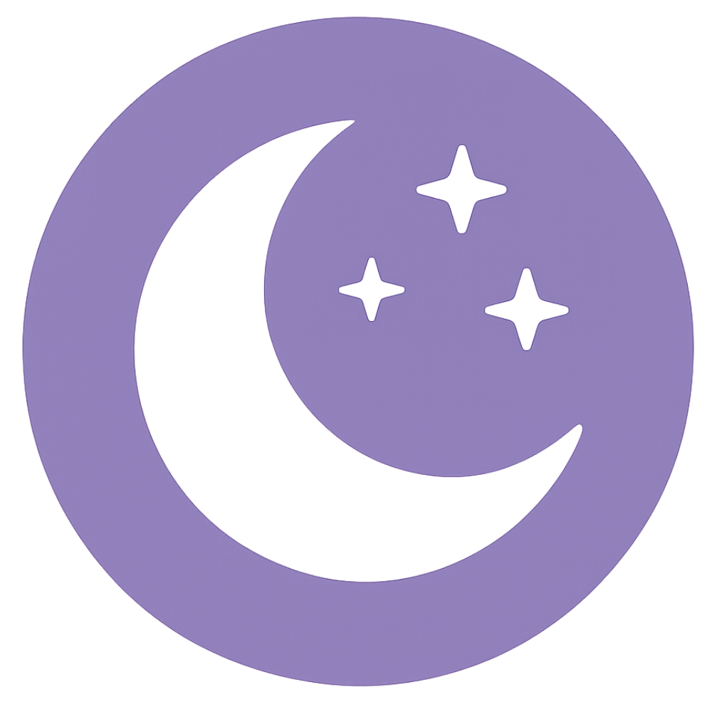 A purple icon of a crescent moon and three stars inside a circular border.