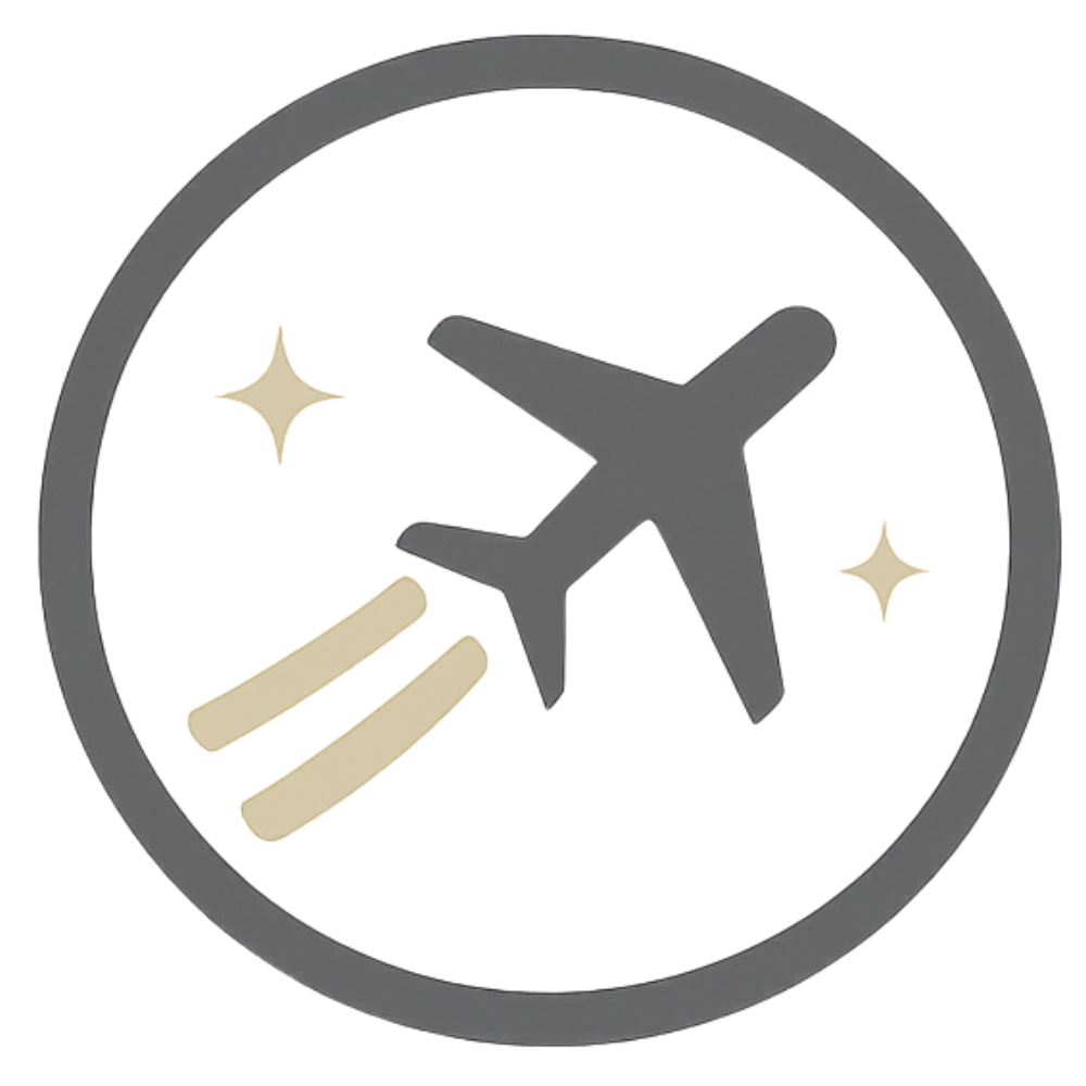 A graphical icon of an airplane inside a circular border with sparkles, representing travel or aviation.