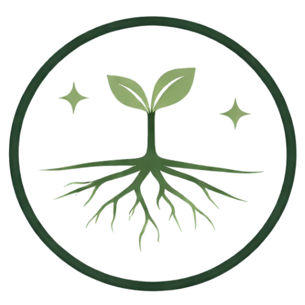 A circular logo featuring a green plant with roots extending downward, surrounded by two sparkles, representing growth and sustainability.