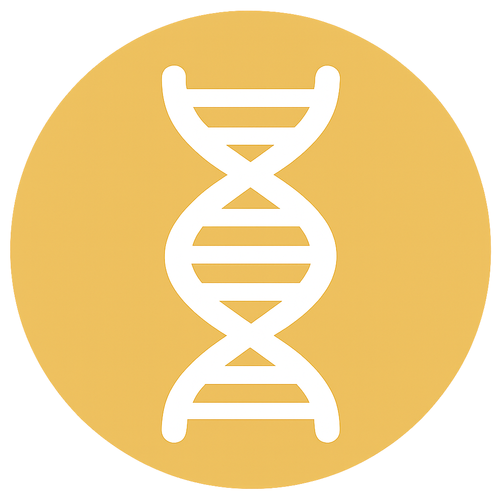 A white DNA double helix symbol on a yellow circular background.