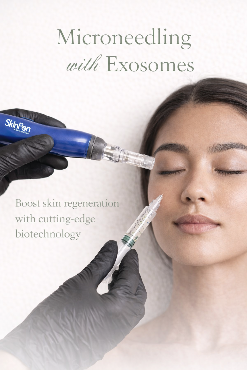 A woman receiving a cosmetic treatment with a microneedling device while holding a syringe, with text about microneedling with exosomes boosting skin regeneration with cutting-edge biotechnology.