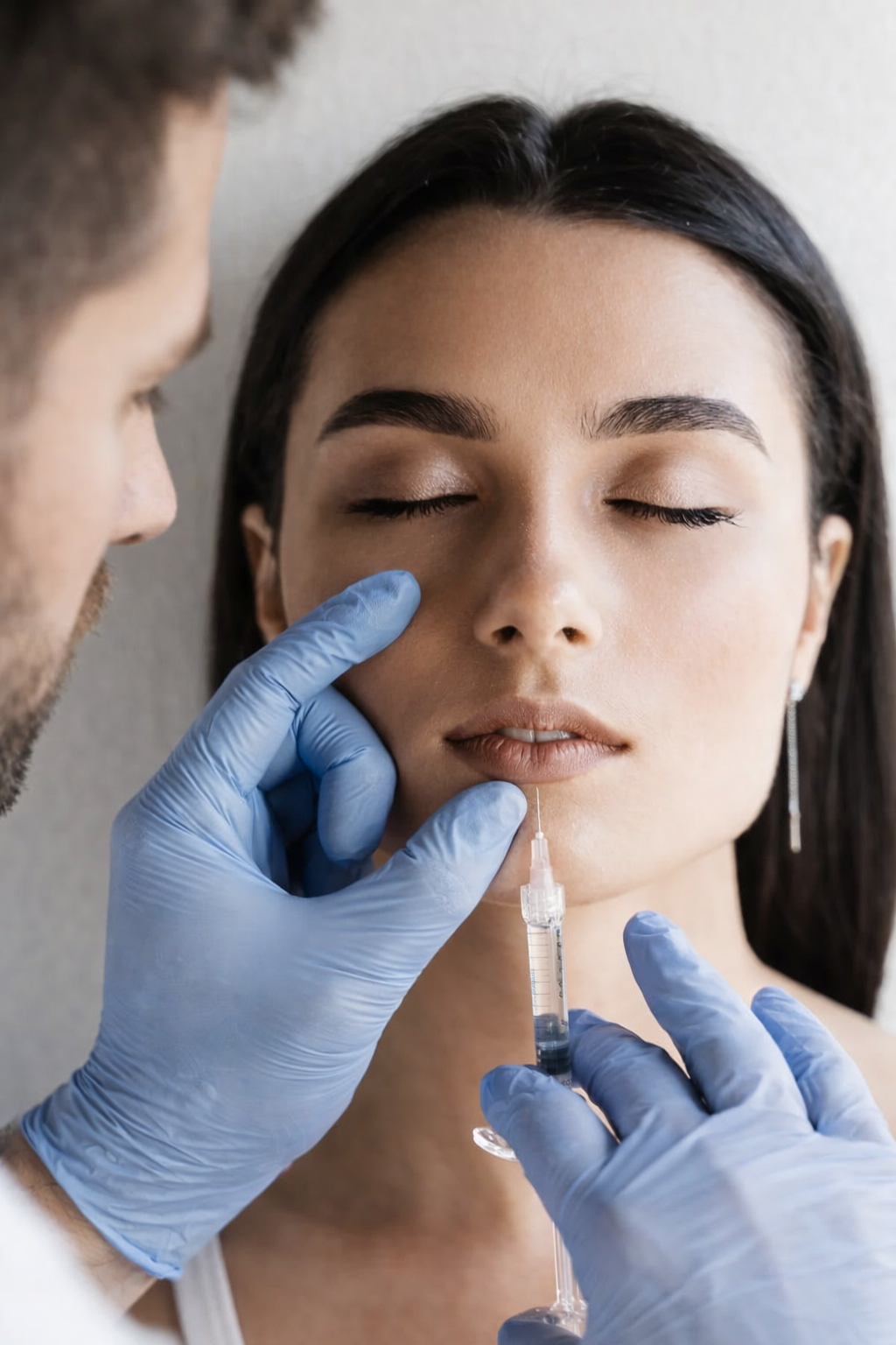A woman receiving a cosmetic injection in her face from a healthcare professional wearing blue gloves.