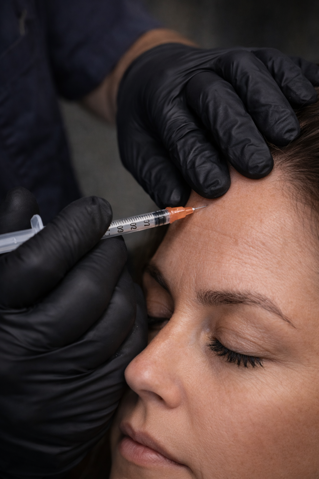 A person receives a cosmetic injection in their forehead from a healthcare professional wearing black gloves.