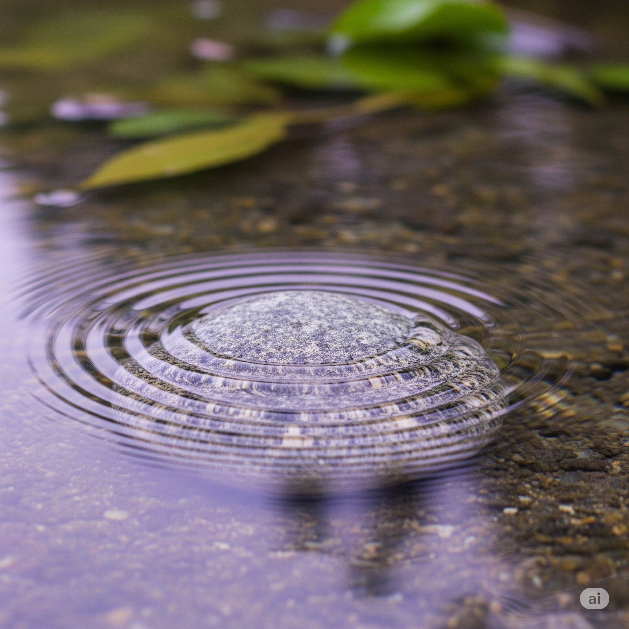 Close-up of a smooth stone in shallow water with ripples around it and some green aquatic plants in the background.